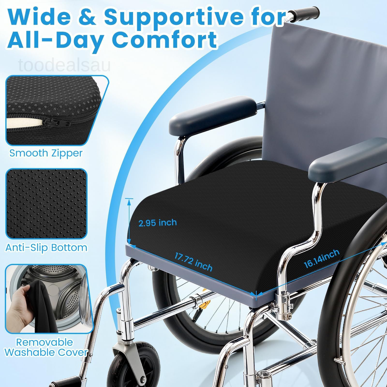 Wheelchair Seat Cushion for Pressure Relief, Cooling Gel Memory Large, Black