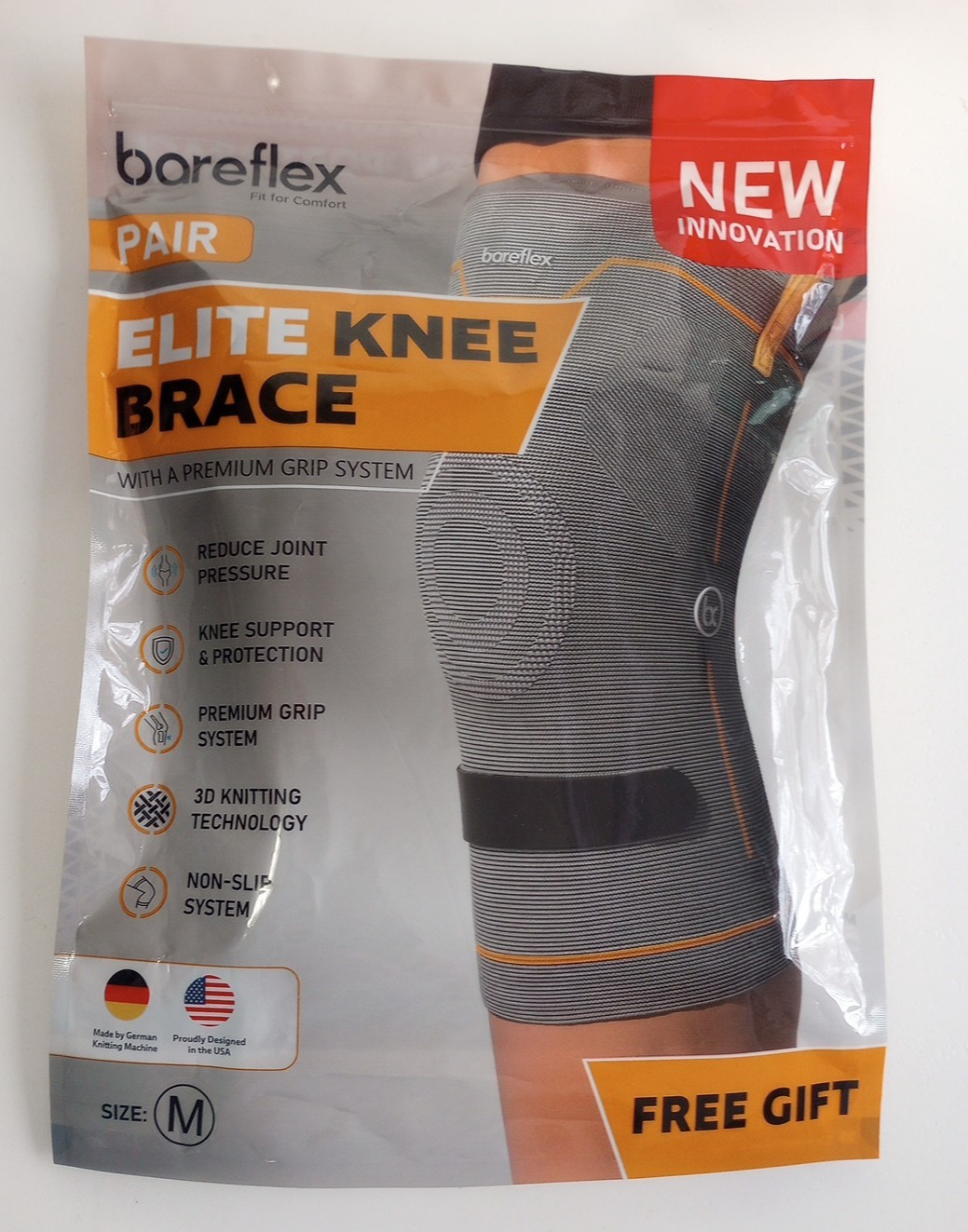 Bareflex Knee Brace 2 Pack Medium Black Premium Grip Support & Protection NEW