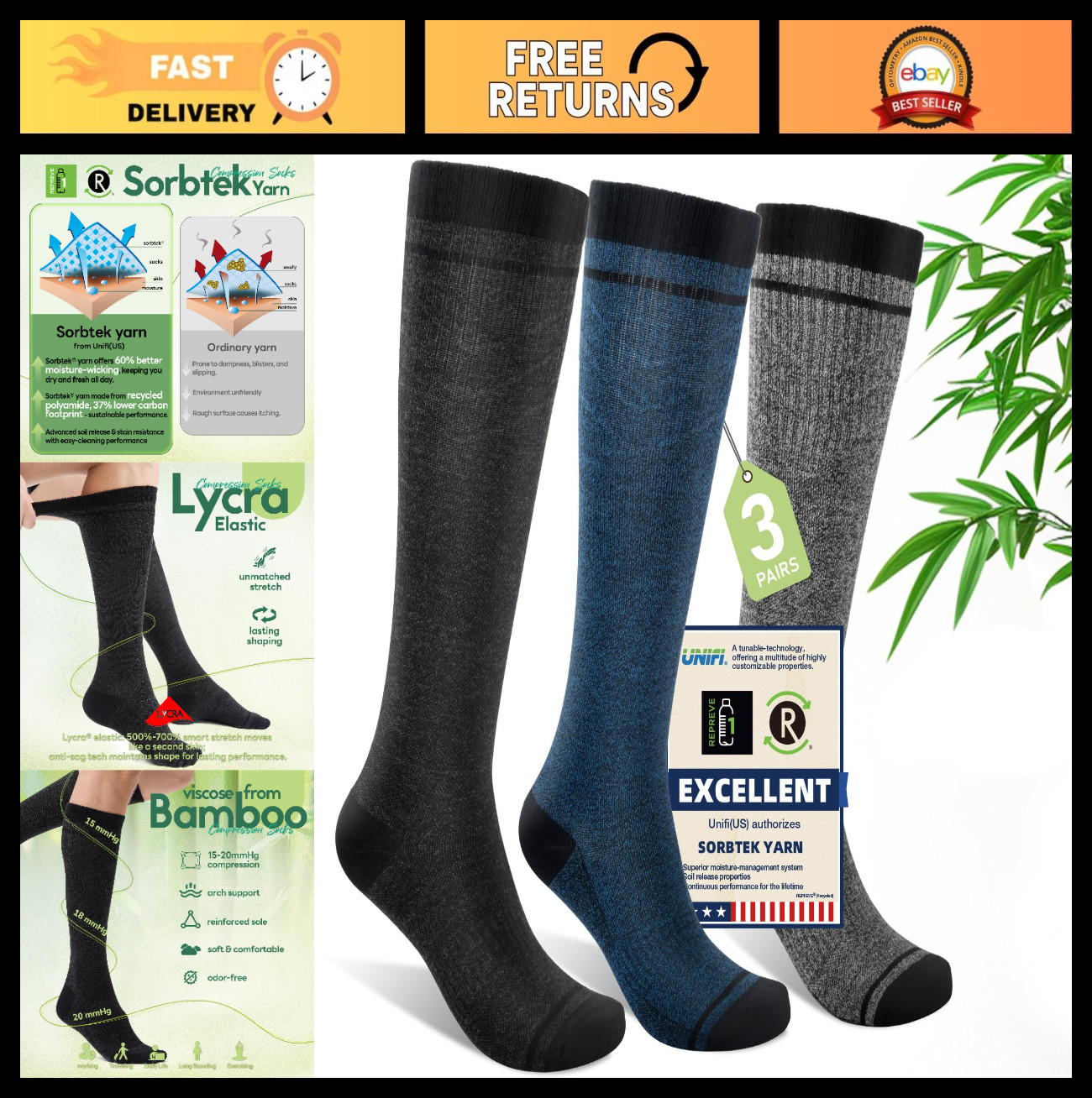 Knee High Compression Socks for Men & Women, 15-20 mmHg Soft Bamboo Viscose for