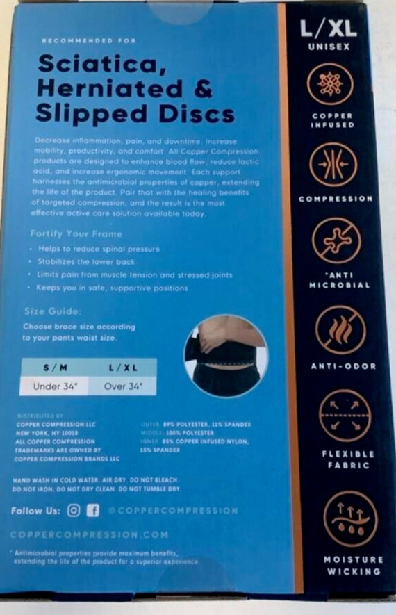 NEW Copper Compression CCRBB/BS4 Copper Infused LARGE/X-LARGE Black Back Brace