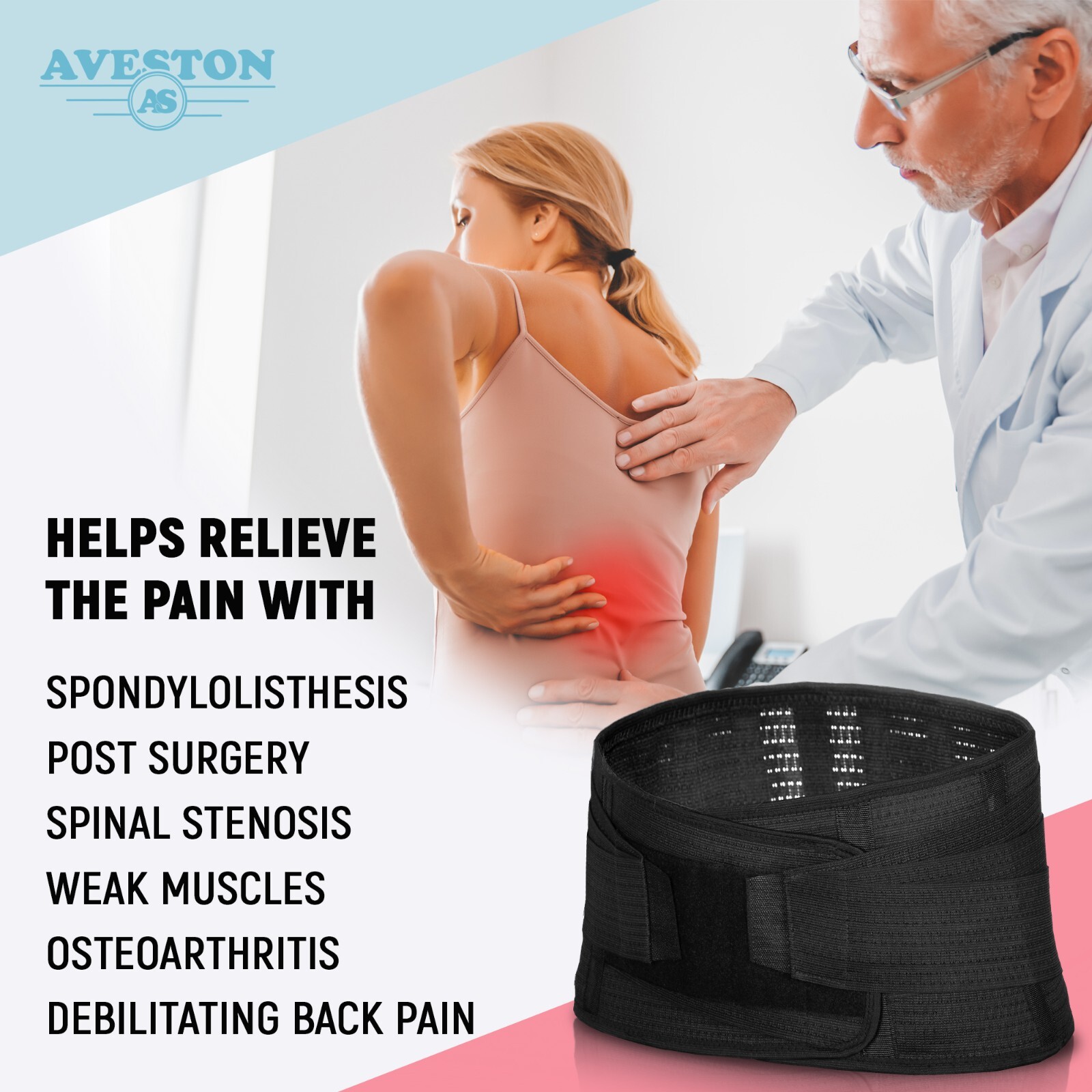 AVESTON Lumbar Brace Back Support Belt Lower Waist Pain Relief Thin Light Medica