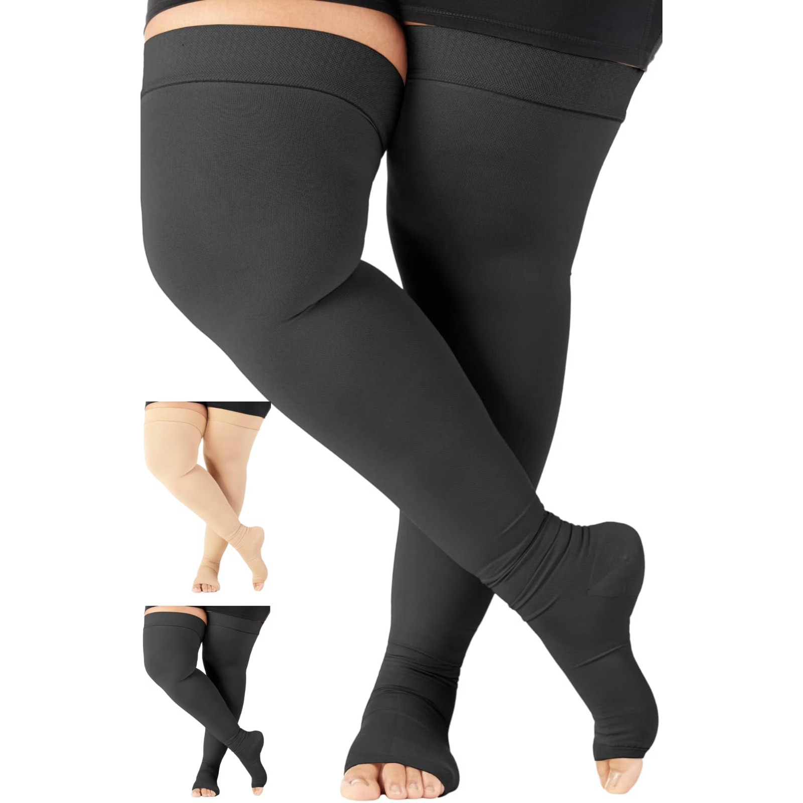 Thigh High Compression Socks Open Toe Black Choose Size