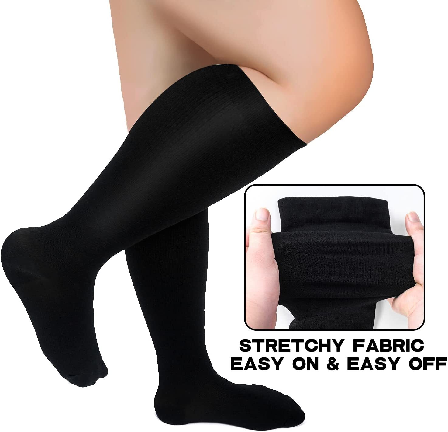 2 Pairs Plus Size Compression Socks Wide Calf 15-20 mmHg Black, 3X-Large XXL XL
