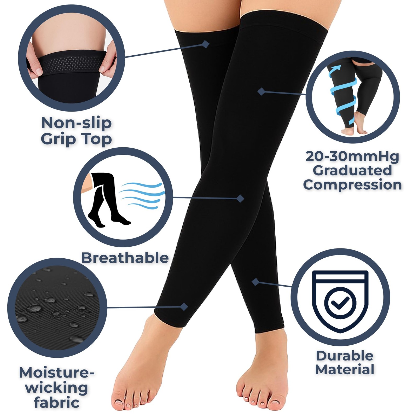 Mojo 20-30mmHg Compression Thigh-High Sleeves for Men & Women 7X-Large, Black