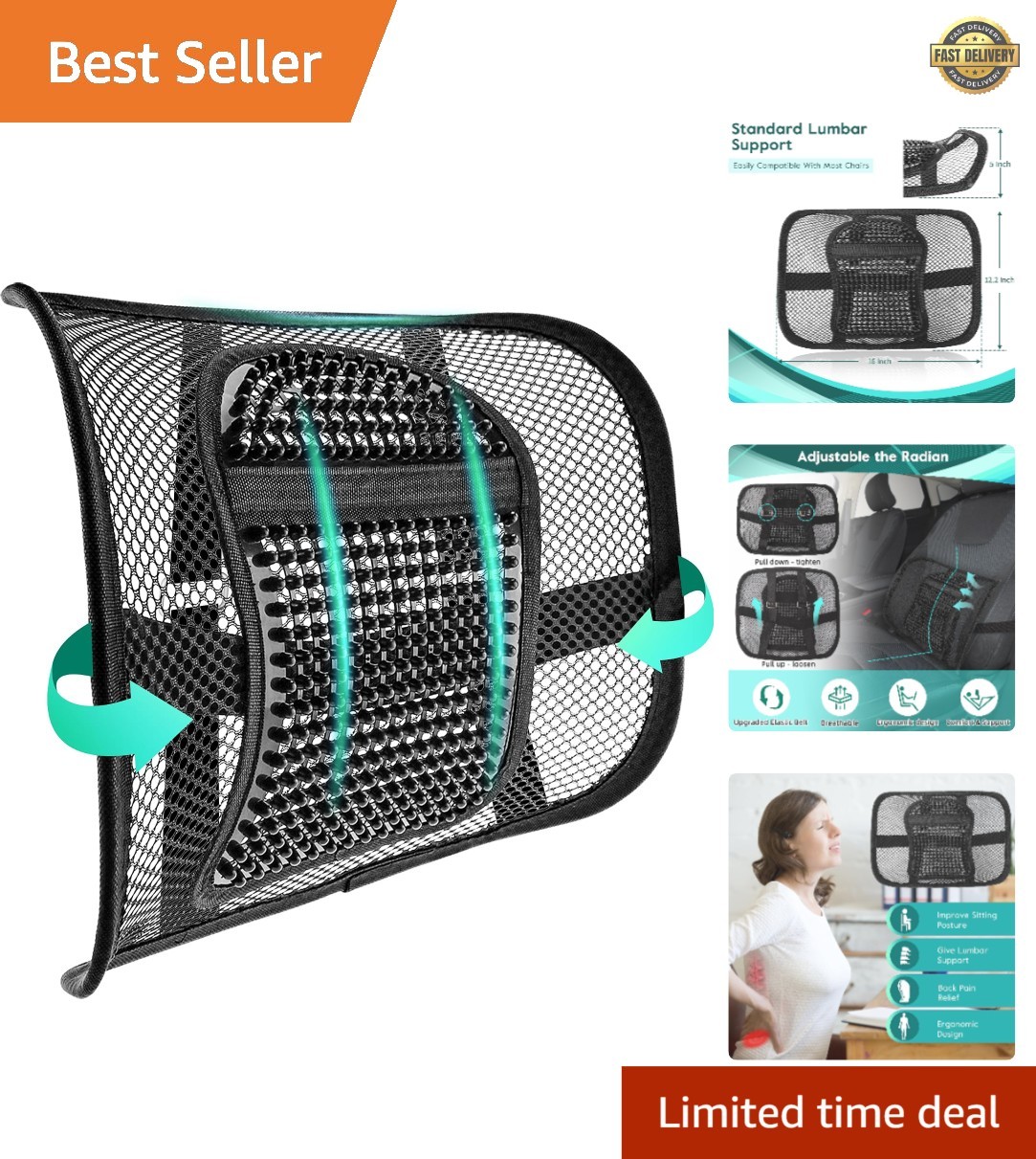 Ergonomic Mesh Lumbar Support Cushion | Breathable Back Support for Office & Car