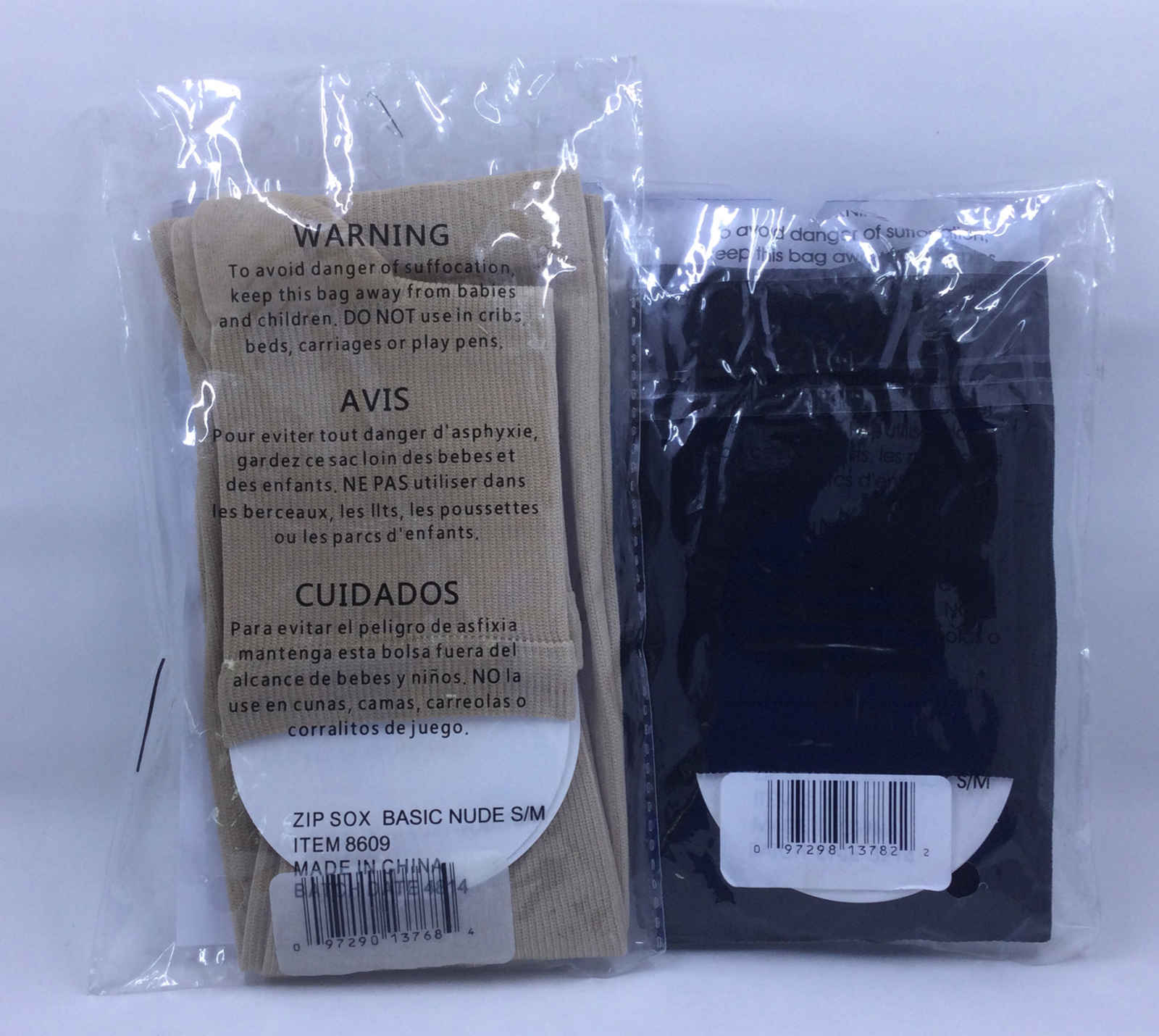2 Pair ZIP Sox Zip Up Compression Socks Open Toe 1Beige 1 Black Size S/M