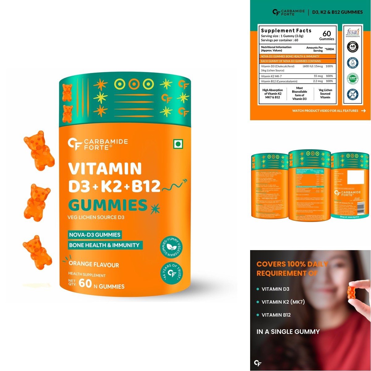 Carbamide Forte Vitamin D3 K2 MK7 B12 Gummies – Mango Flavour