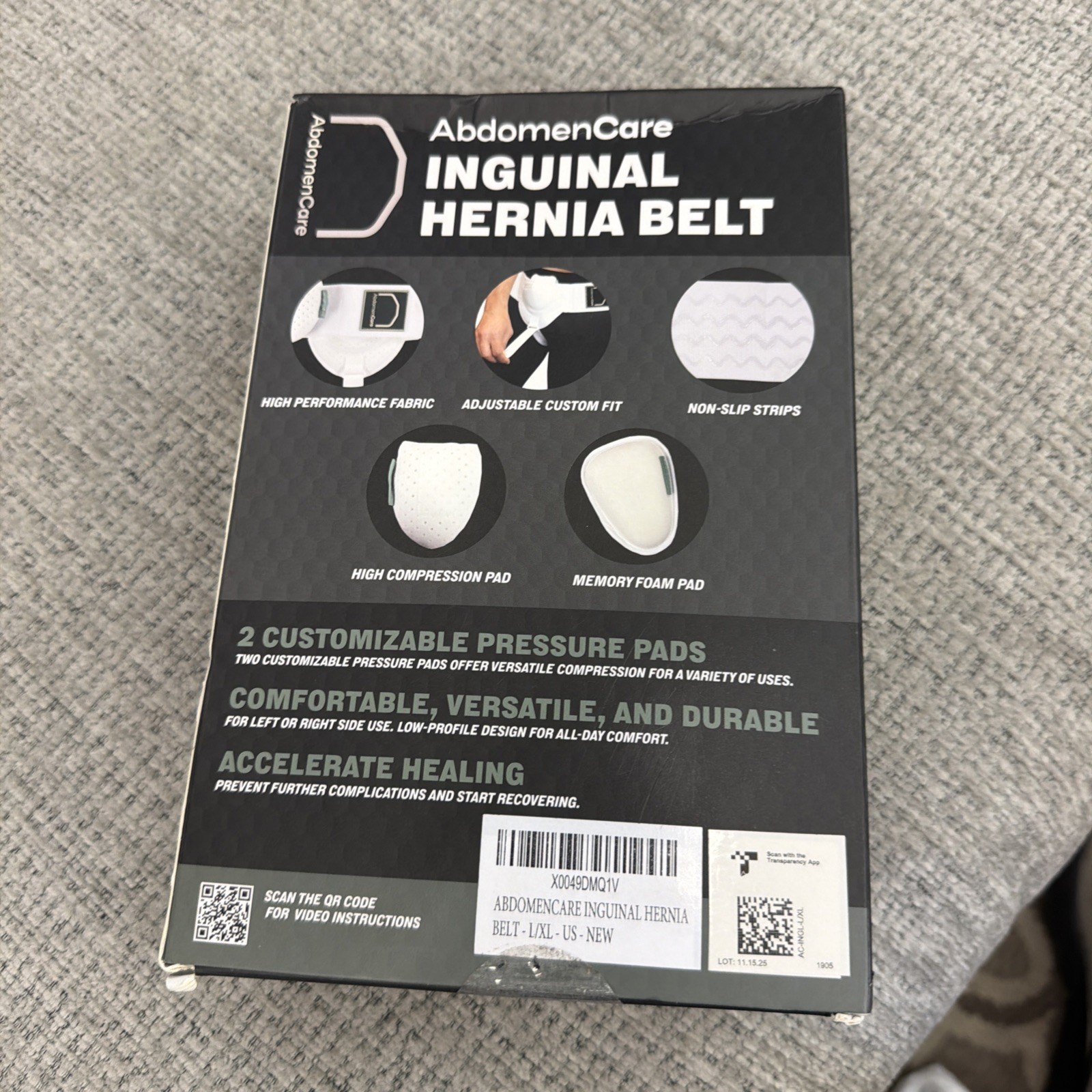 AbdomenCare Inguinal Hernia Support Belt for Men Women w 1 Compression Pad L/XL