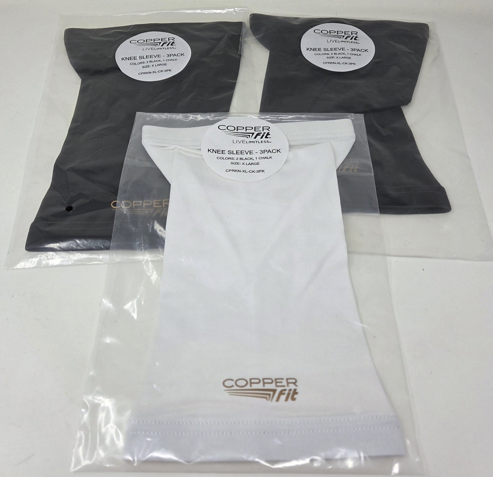 New 3-Pack Copper Fit Knee Sleeve – 2 Black & 1 Chalk in X-Large