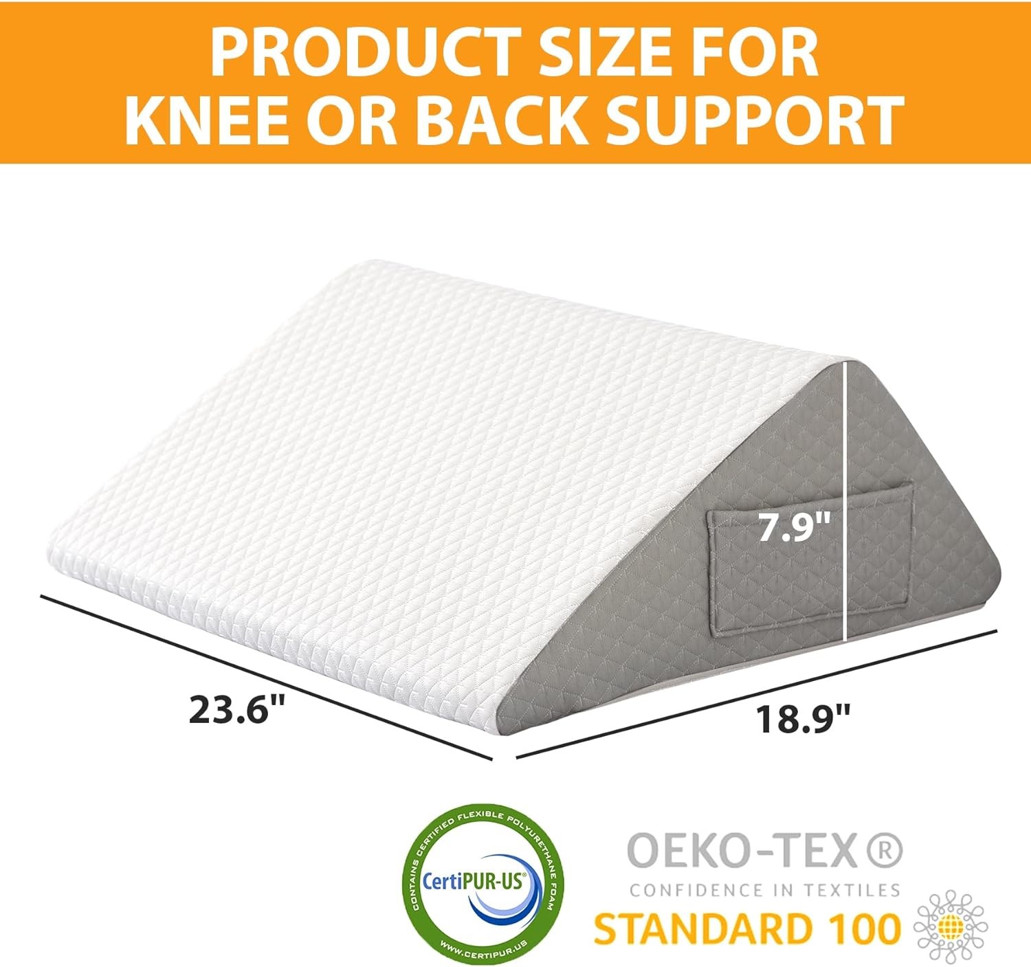 Knee Wedge Pillow, 8” Pillow for Back 23.6*18.9+7.9, White/Grey