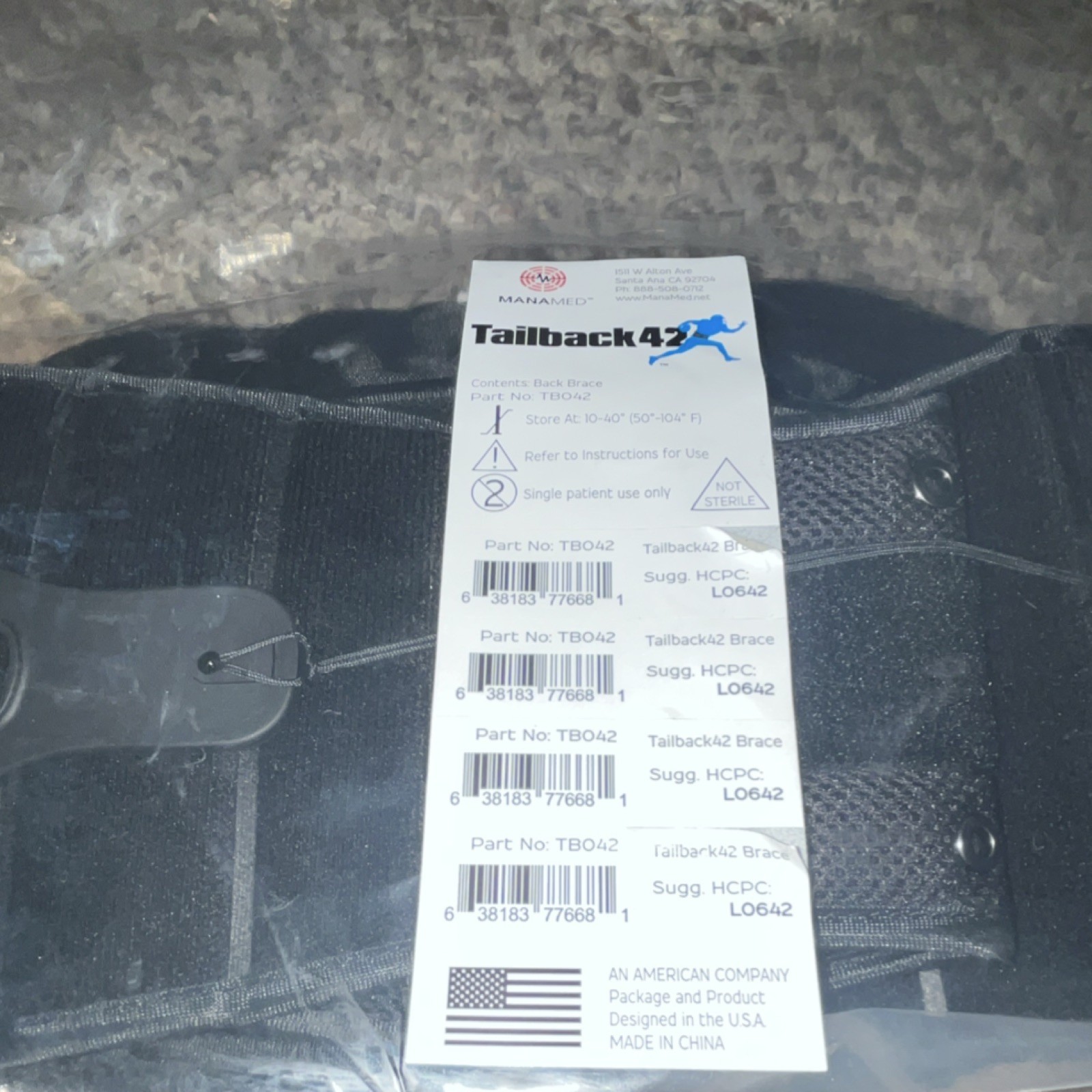 MANAMED Tailback42 Back Brace Black TBO42 Stabilization Orthopedic