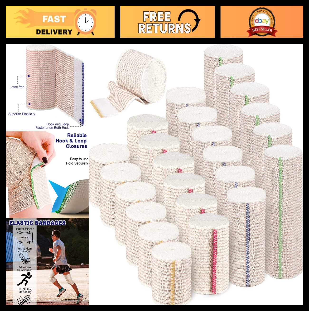 24 Pack Self-Adhesive Elastic Bandage Wraps – Compression, Hook & Loop Closure,