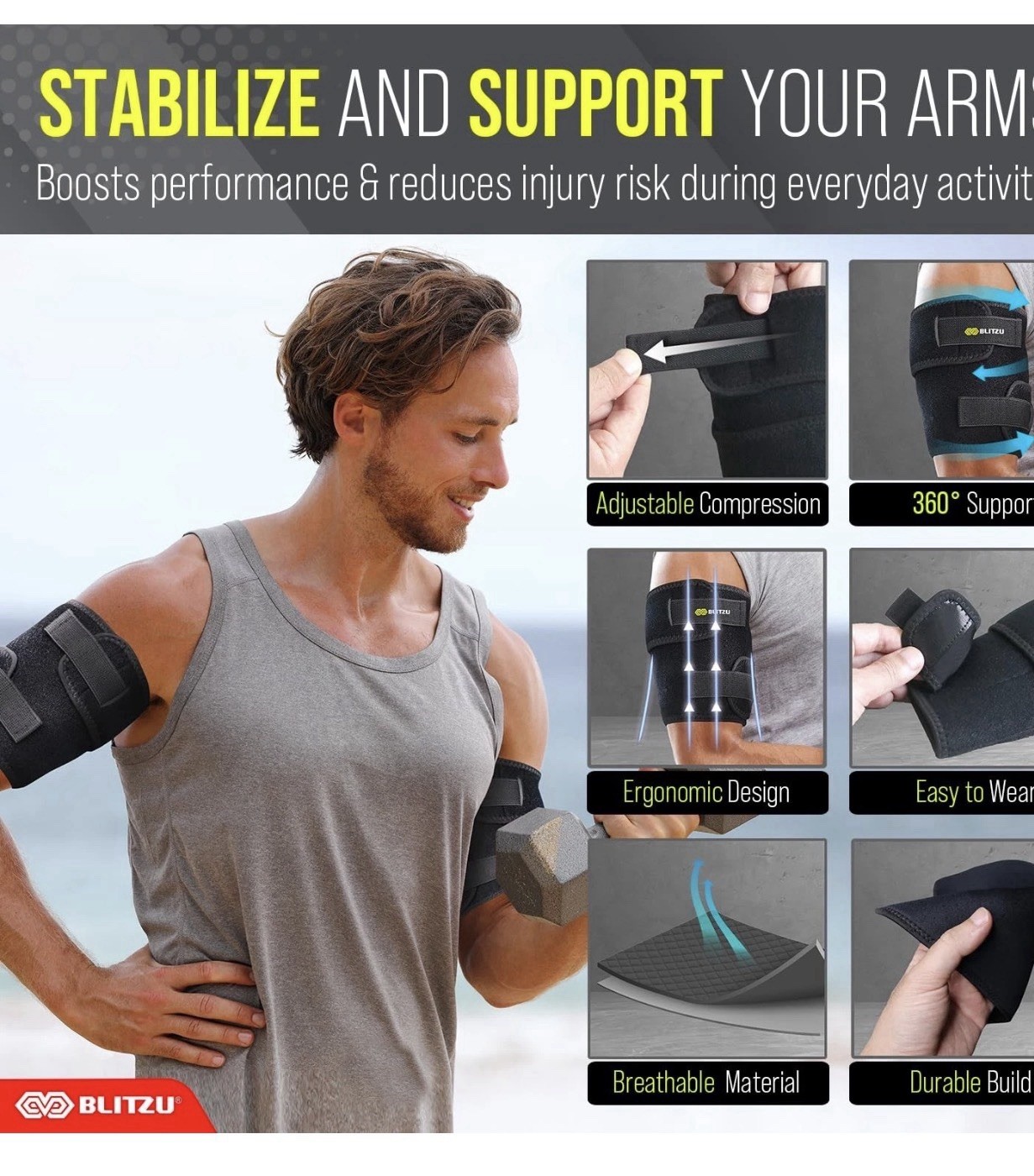 Blitzu Bicep Tendonitis Small/Medium Brace, Upper Arm Wrap, Tricep Comp Sleeve