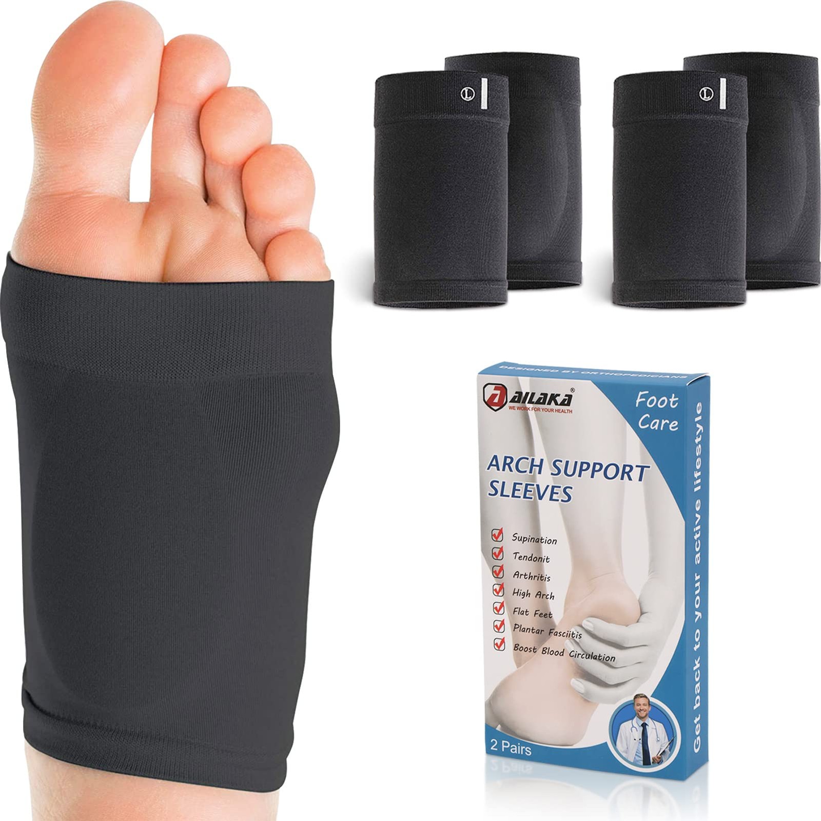 Ailaka 2 Pairs Compression Arch Support Sleeves, 2 Pair (Pack of 1), Black