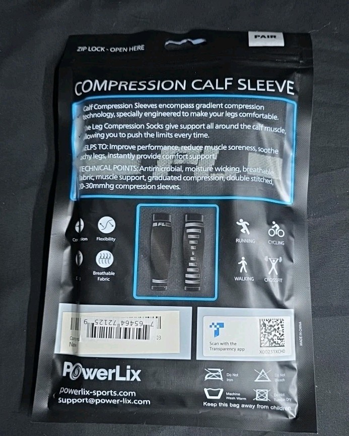 Powerlix Unisex Compression Calf Sleeve S/M Black 1 Pair NEW Muscle Support