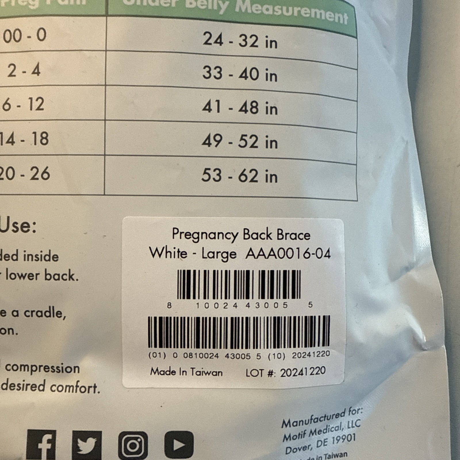 Pregnancy Back Brace New Motif Medical Size Large Support Band NEW