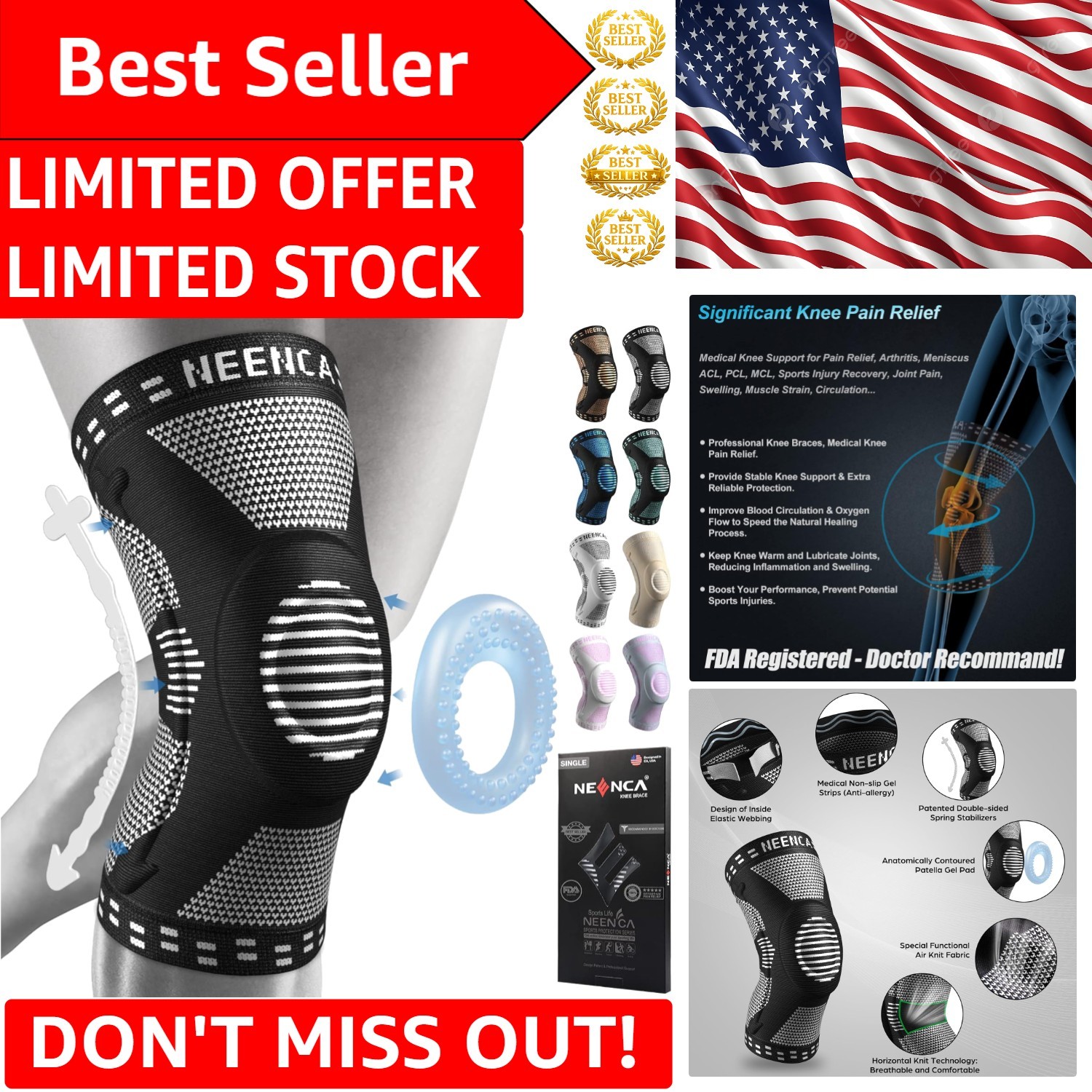 Elite Knee Brace for Pain Relief: Compression Sleeve with Patella Pad & Stabi…