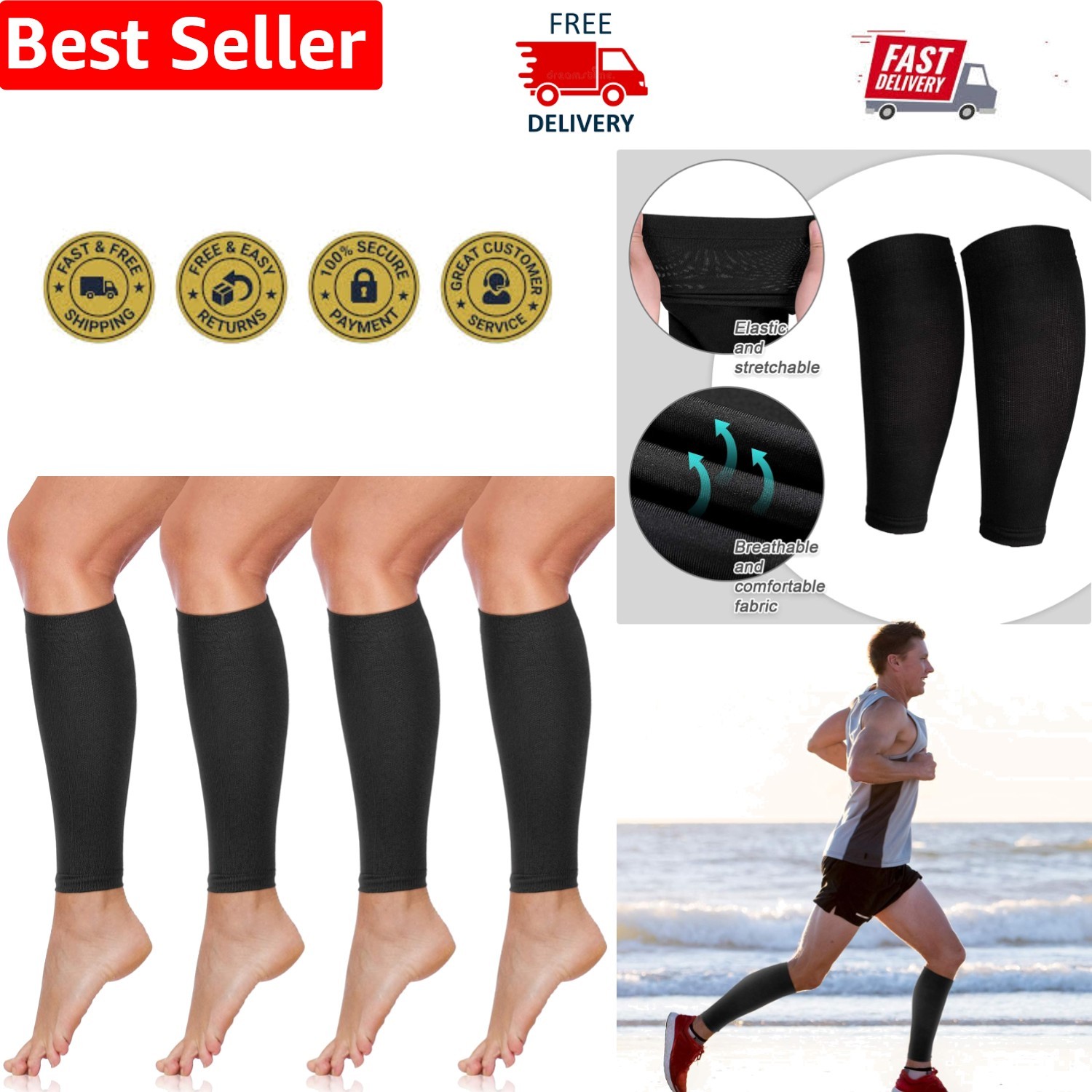 Classic Black Compression Socks – 4 Pairs for Enhanced Athletic Performance