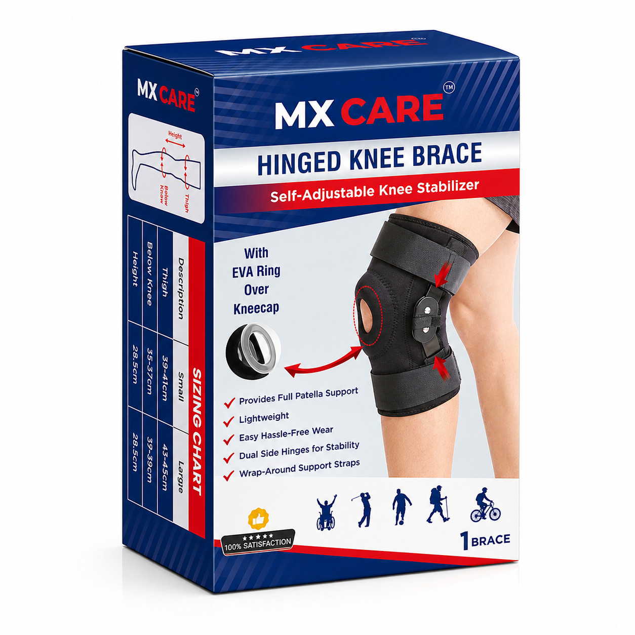 MX Care Knee Compression Brace with Patella Support & Hinges for Sports Injury