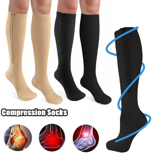 (3 Pairs) Zip-Up Compression Socks 20-30 MMHg GRADE Knee-High Unisex Leg Support