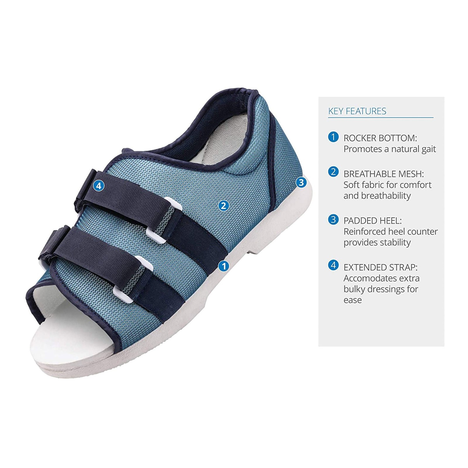Ossur Blue Mesh Top Post-Op Shoe Medium Extended Strap / Dual Side Closure 17005