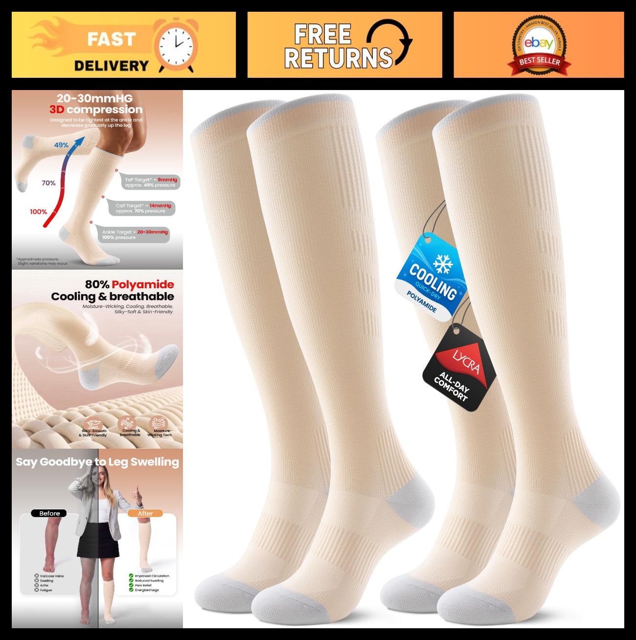 Breathable Compression Socks 15-20 mmHg Knee High for Travel, Athletic – 2 Pairs