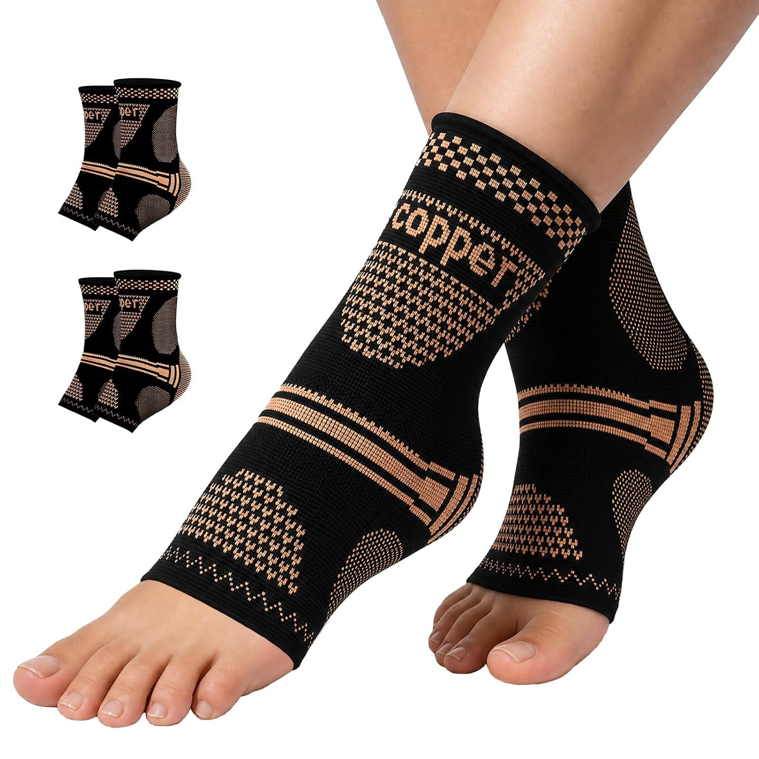 2 Pairs Ankle Compression Sleeve, Copper Ankle Brace Support for Swollen Ankles,