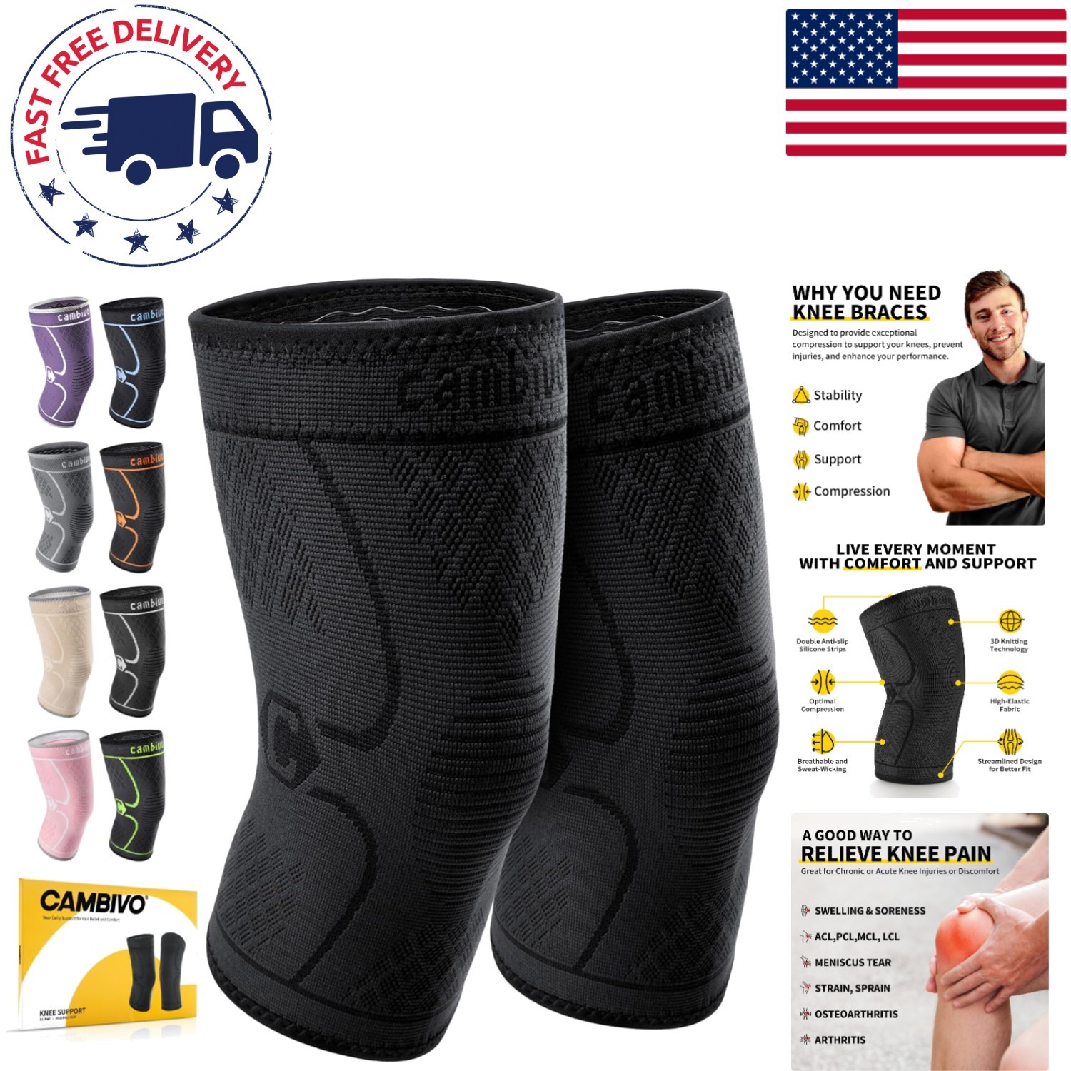 Comfortable Medium Knee Braces with 3D Knitting for Arthritis Support – 2 Pack