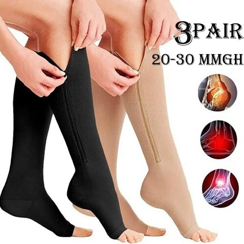 Zipper Open Toe Stockings Performance Compression Socks 20-30 mmgh Below Knee US