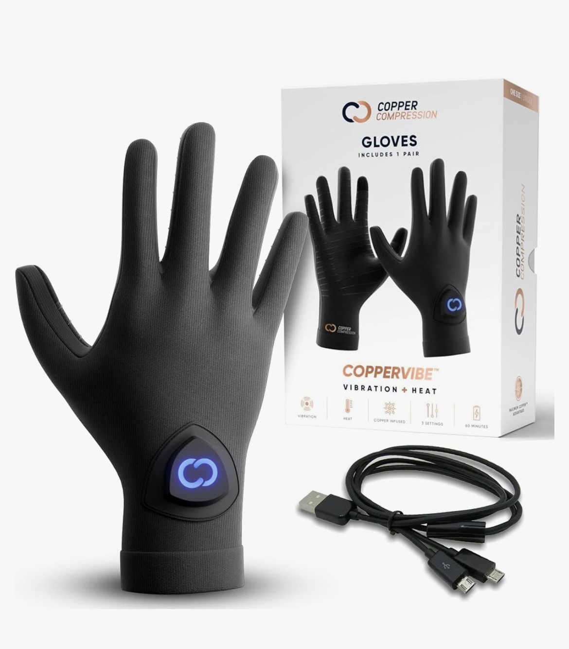 Copper Compression CopperVibe Vibration Heat Therapy Gloves Black (1 Pair)