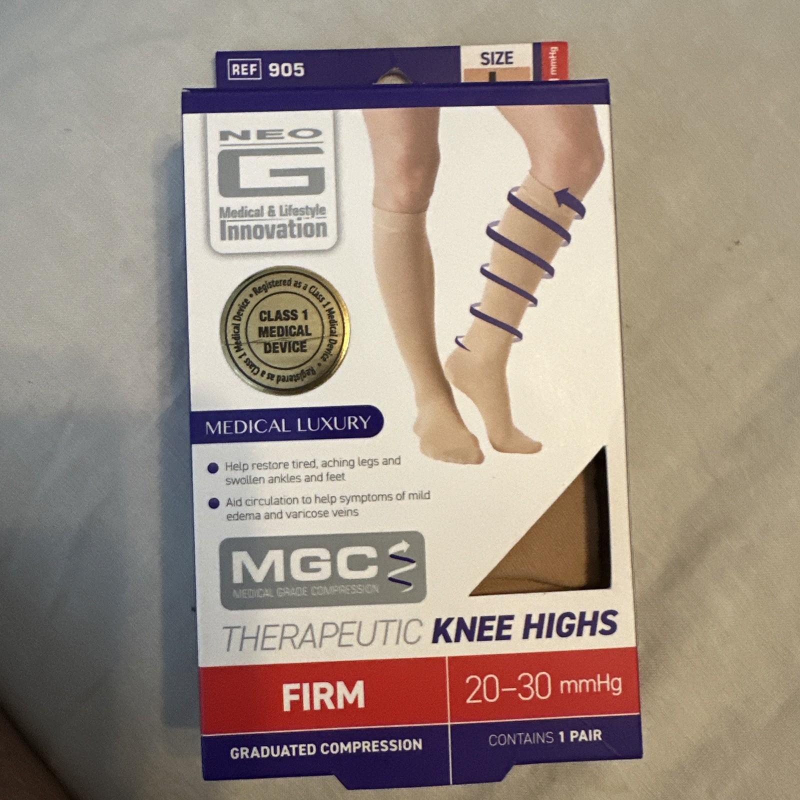 Neo G Knee High Therapeutic Socks Firm 20-30mmHg Large Beige
