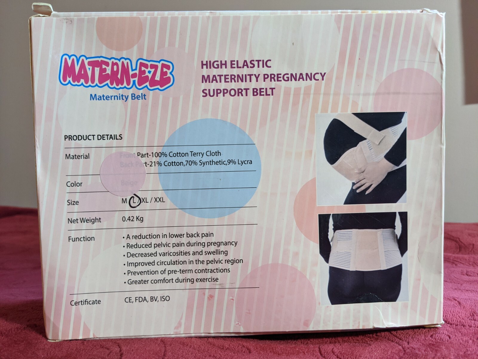 MATERN-EZE Pregnancy Maternity Support Back Brace Belt, Soft Elastic, LARGE PINK