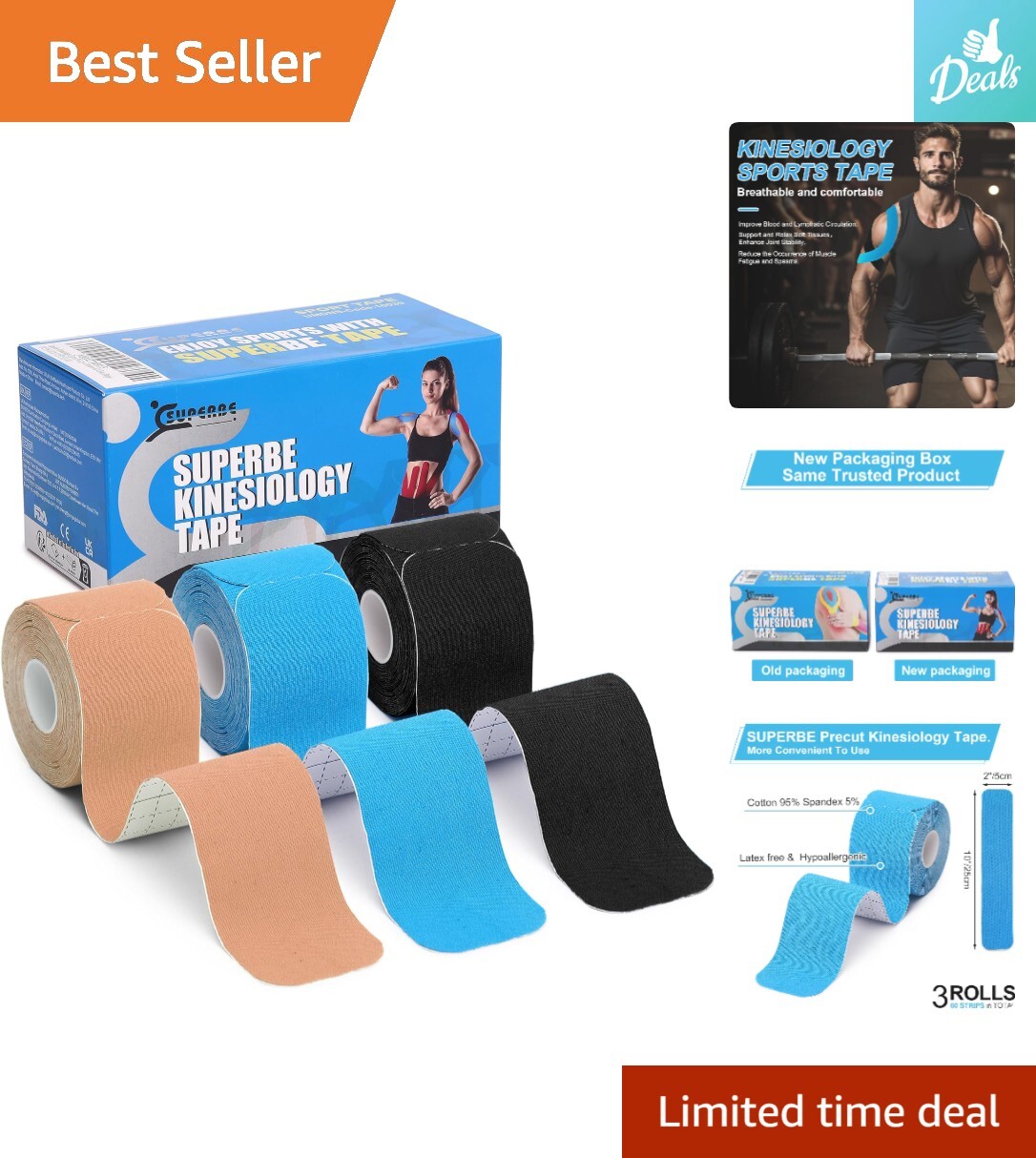 Precut Kinesiology Tape – Pain Relief, Muscle Support & Injury Recovery – 3 R…