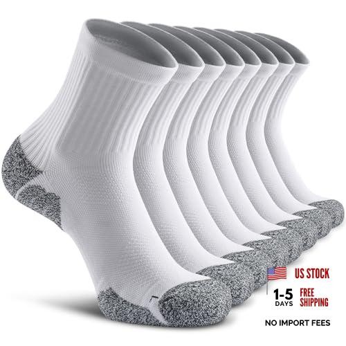 Cushioned Compression Sport Quarter Socks for Men Women Medium 8-pairs White