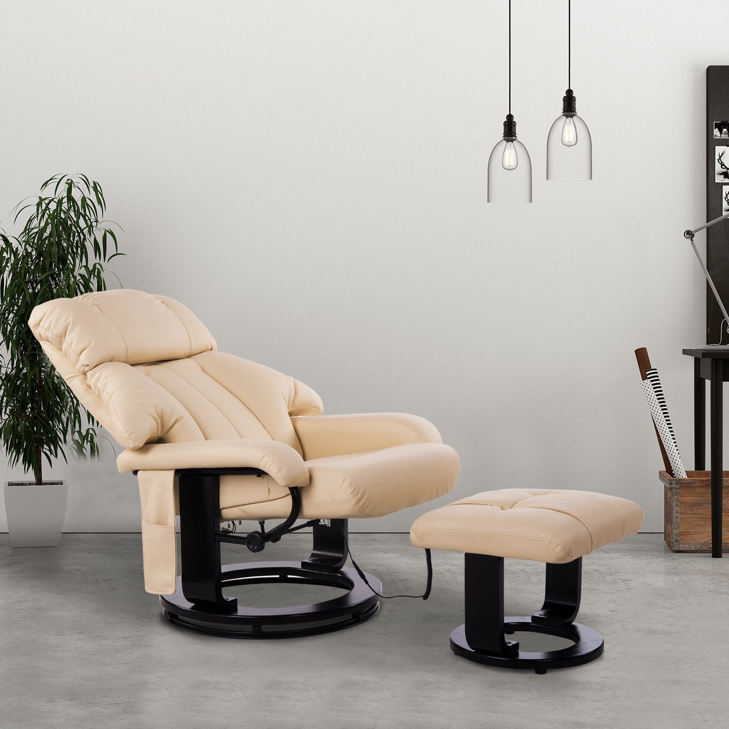 Beige Massage Recliner Chair with Ottoman, 10 – Point Vibrating Heat Function