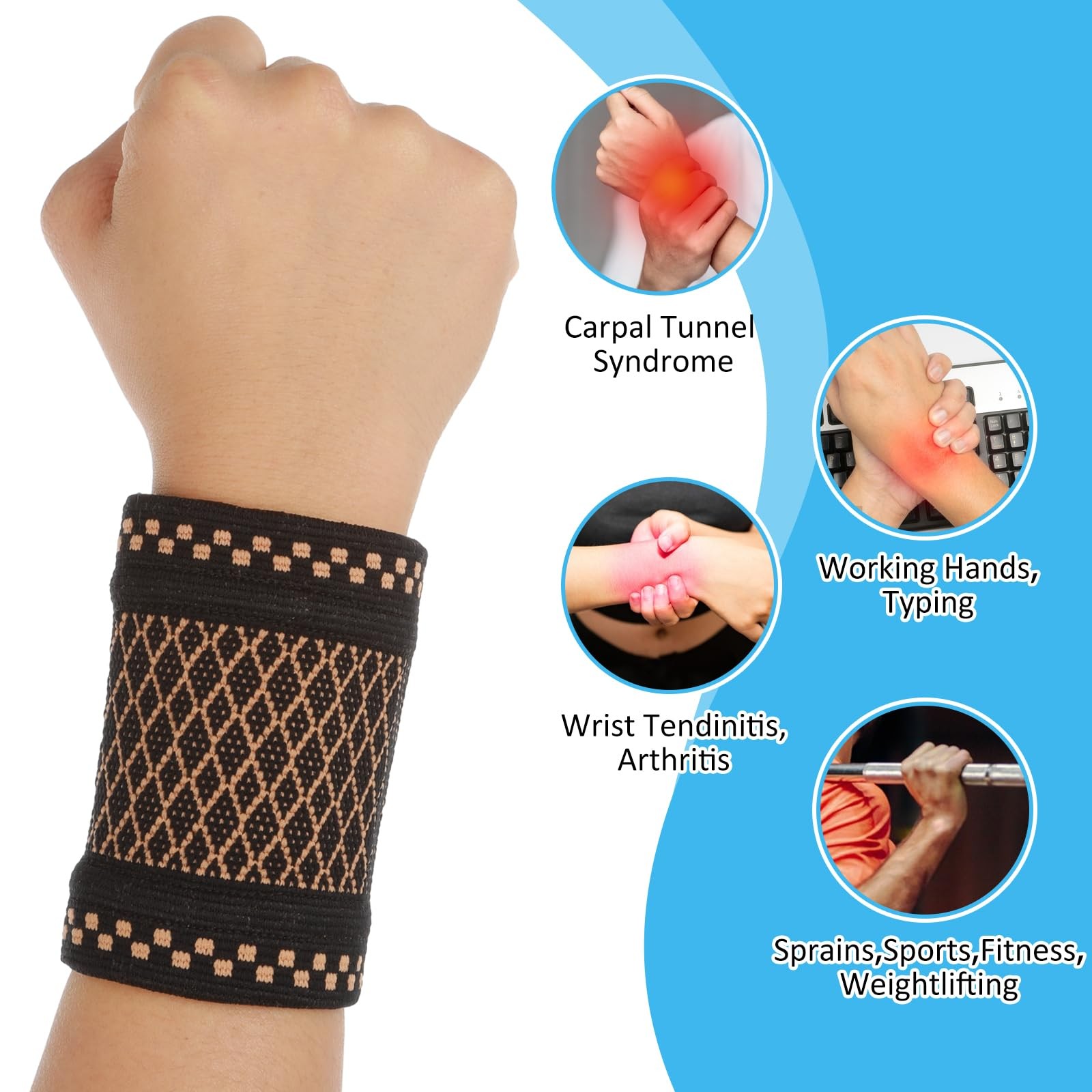 YUXIANLB Copper Wrist Compression Sleeves, 1 Pairs Wrist Brace Wrist Support for