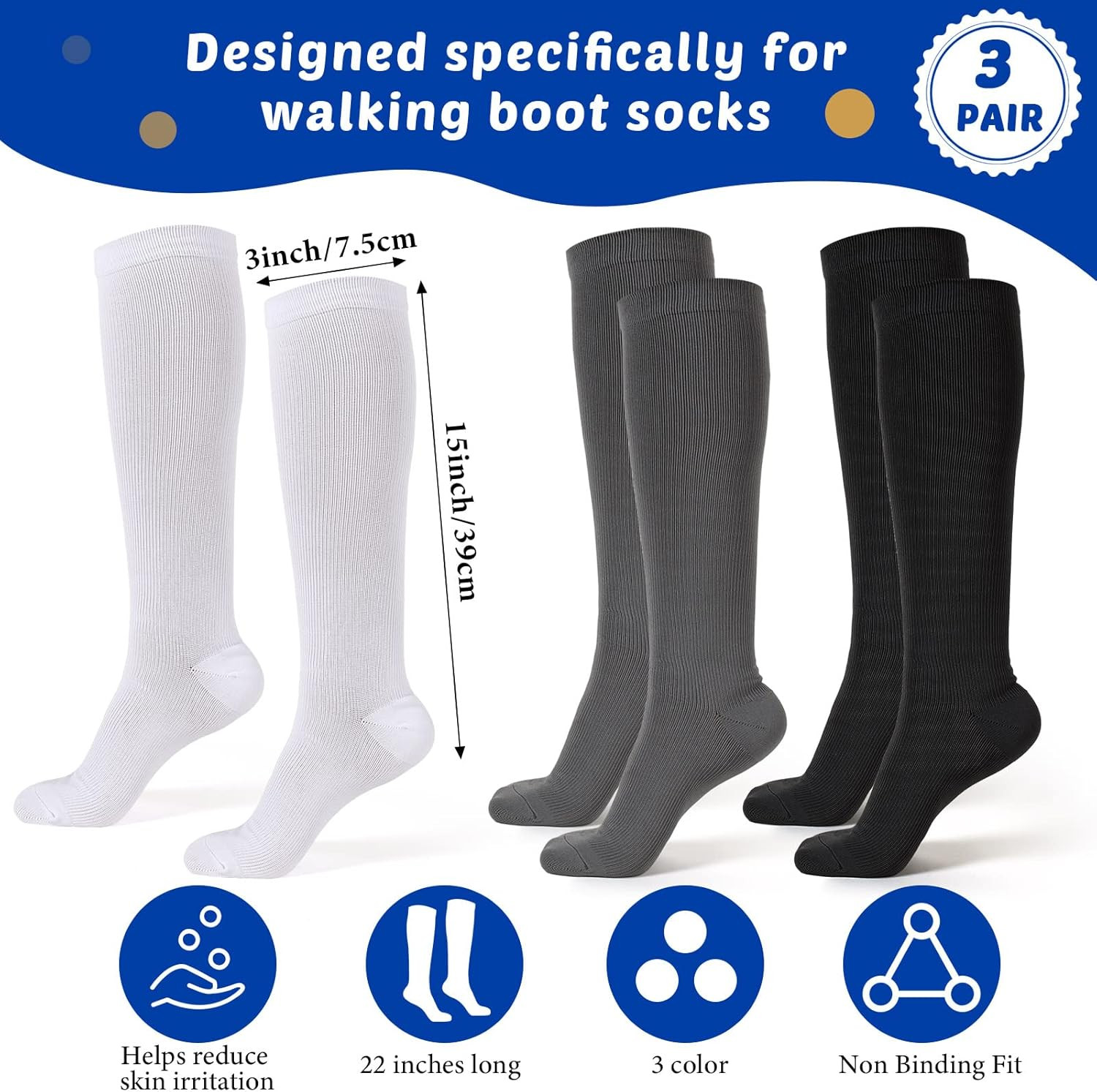 3 Pair Replacement Sock Liner Walking Boot Sock for Compression Cast Boot Walker