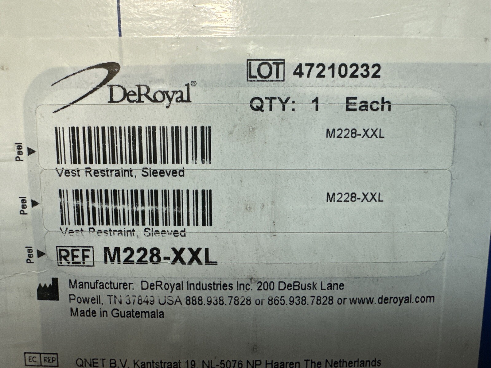 *1-Pack* DeRoyal Vest Restraint, Sleeved Zip, Ties, Plaid, Shoulder Loops XXL