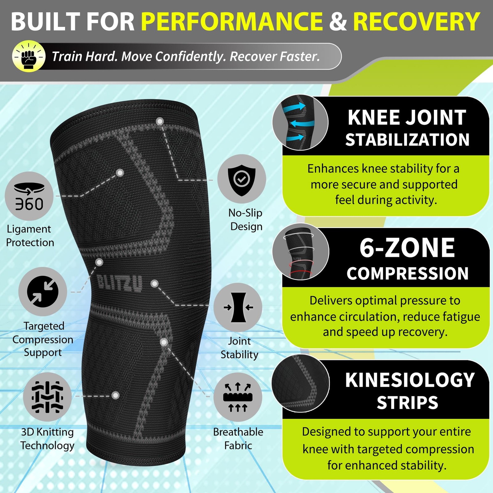 Knee Brace for Meniscus Tear 2 Pack, Compression Large (1 Pair), Black