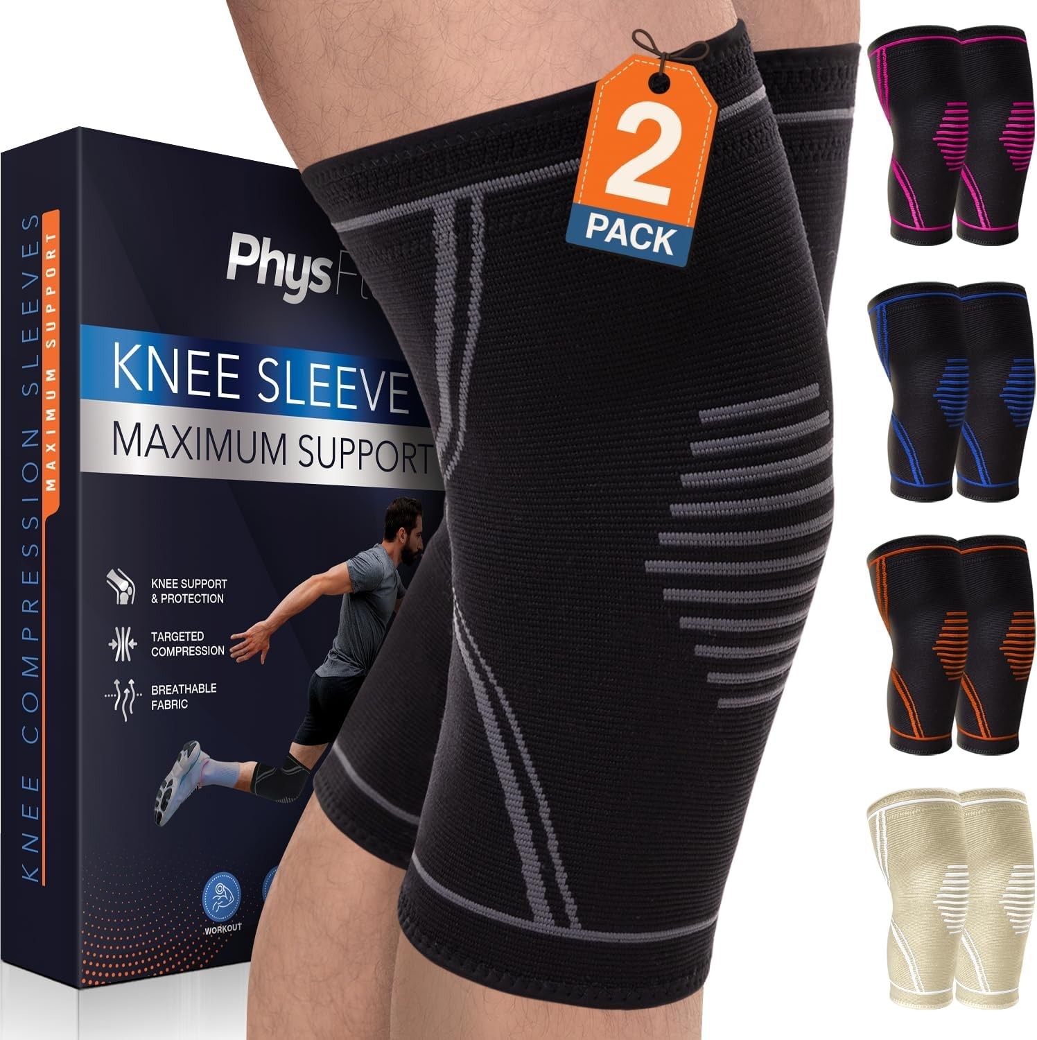 Knee Brace for Pain Relief – 2 Pack Knee Sleeves for Men and Women – Support for