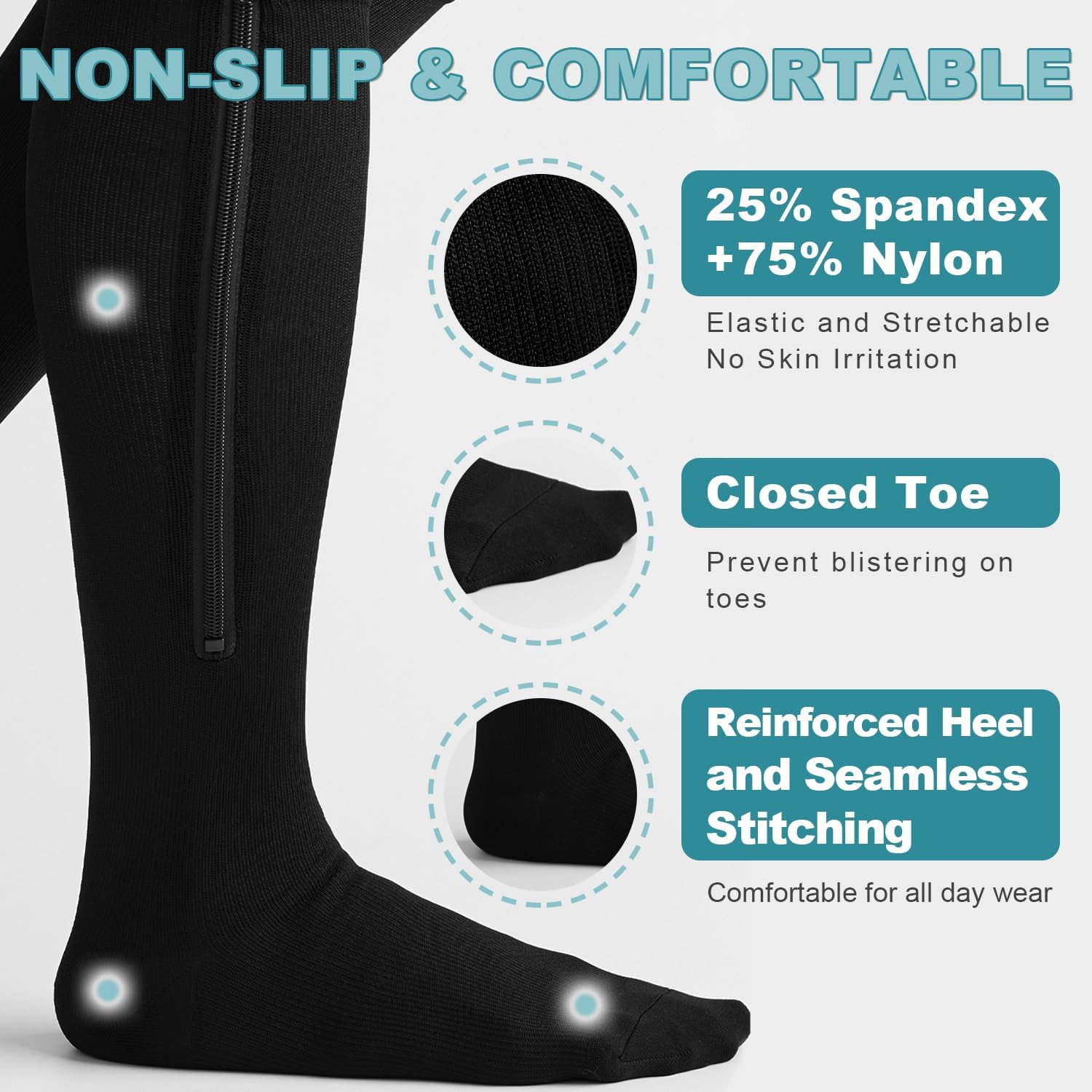OUIVIAL Zipper Compression Socks Close Large-X-Large, Black Nude Closed Toe