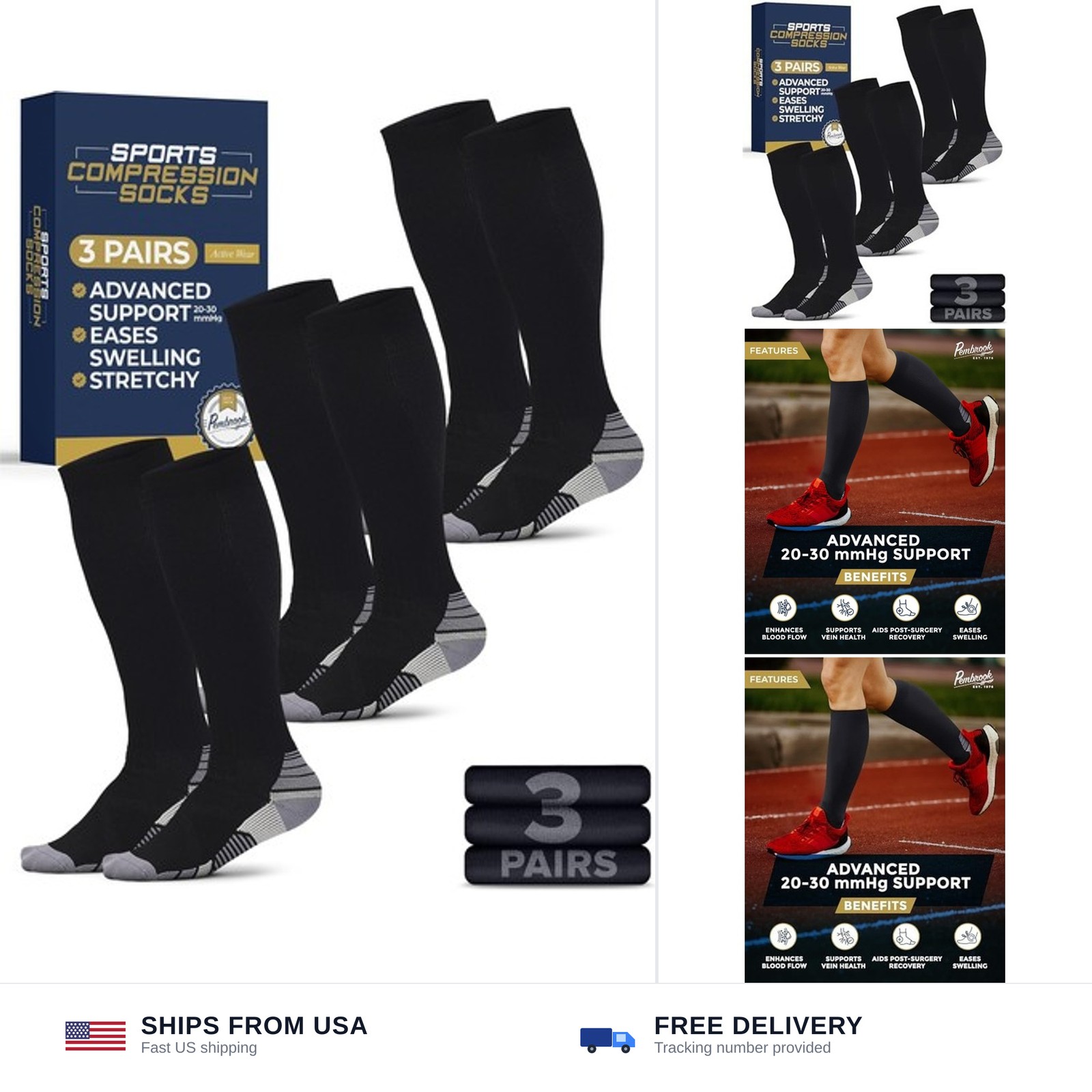 Pembrook 3 Pairs Compression Socks 20-30 mmHg – Compression Socks for Women a…