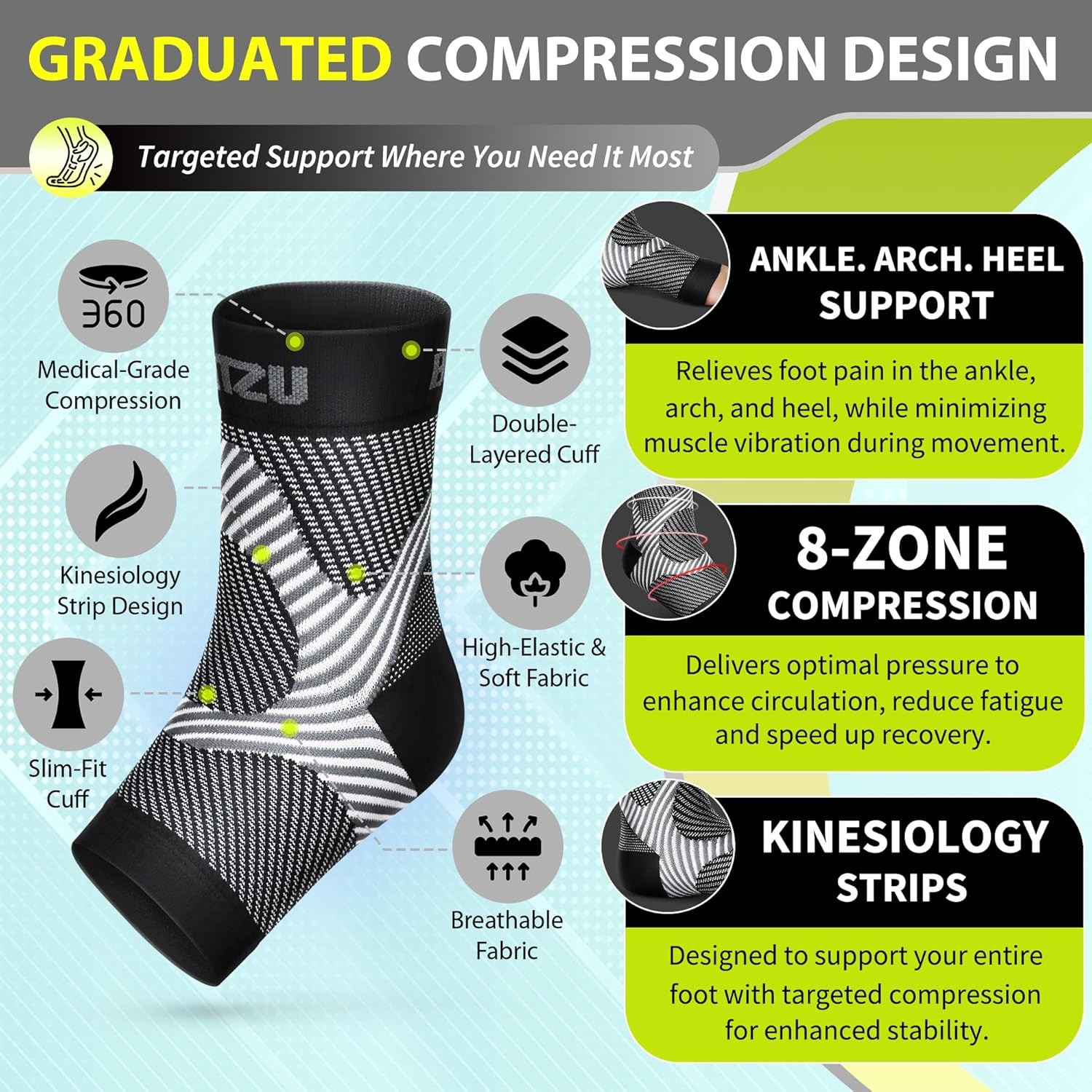 BLITZU Plantar Fasciitis Compression Foot Sleeves Arch Support Black S/M 1 Pair