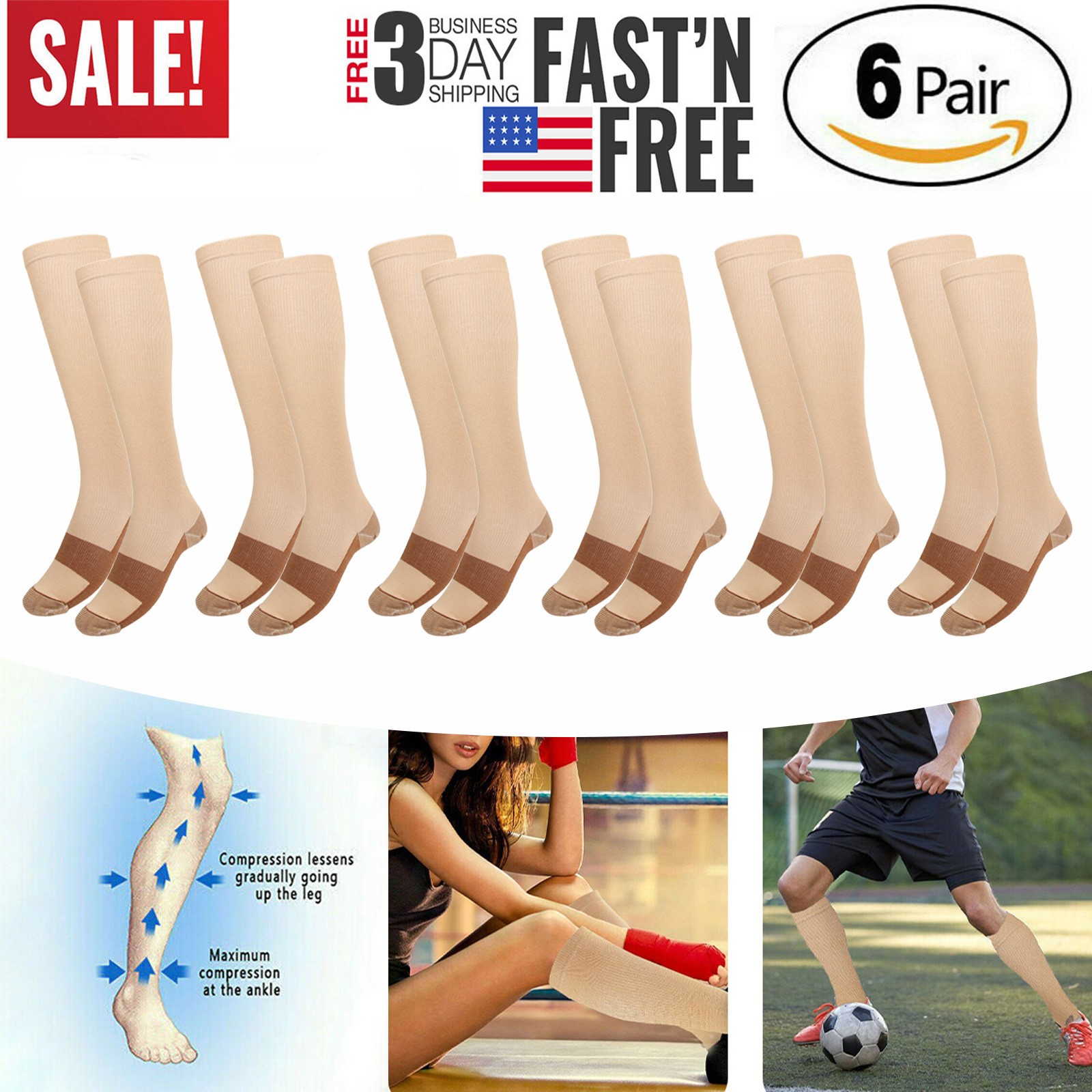 6 Pairs Copper Infused Compression Socks 20-30mmHg Graduated Mens Womens S-XXL