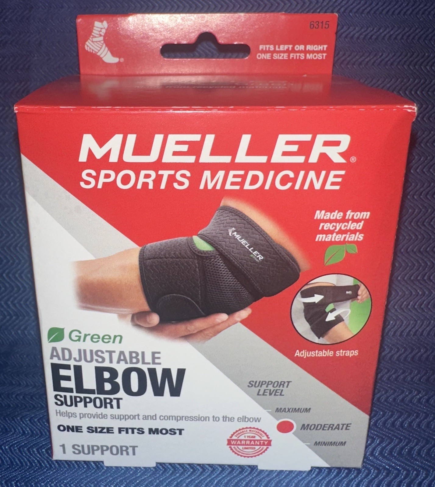 Mueller Adjustable Elbow Support OSFM Black Left Or Right Sports Medicine Green