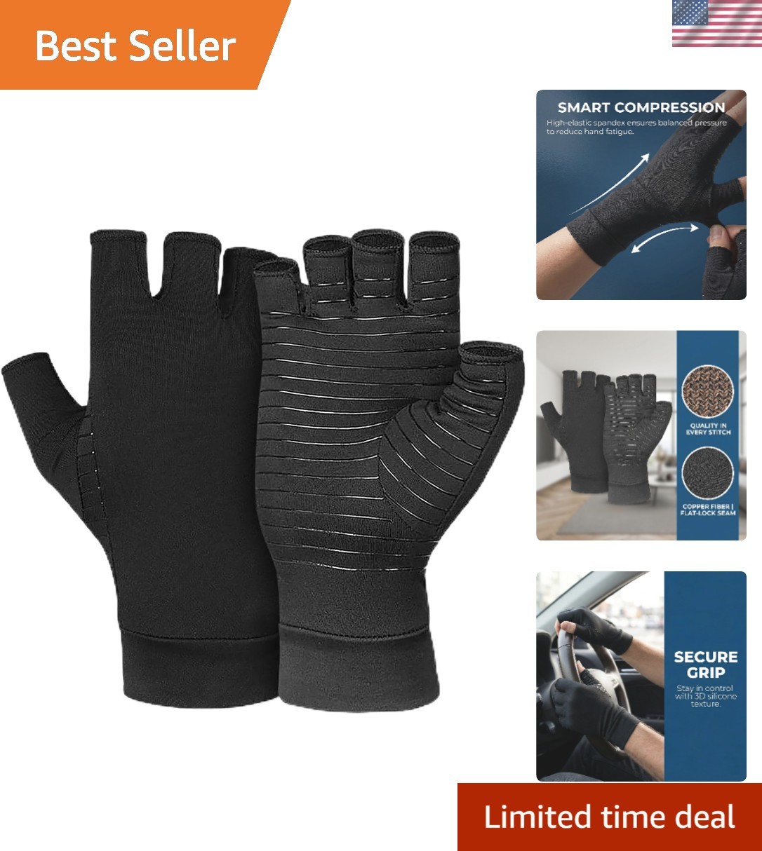 X-Large Copper Compression Gloves for Arthritis Relief & Comfortable Mobility