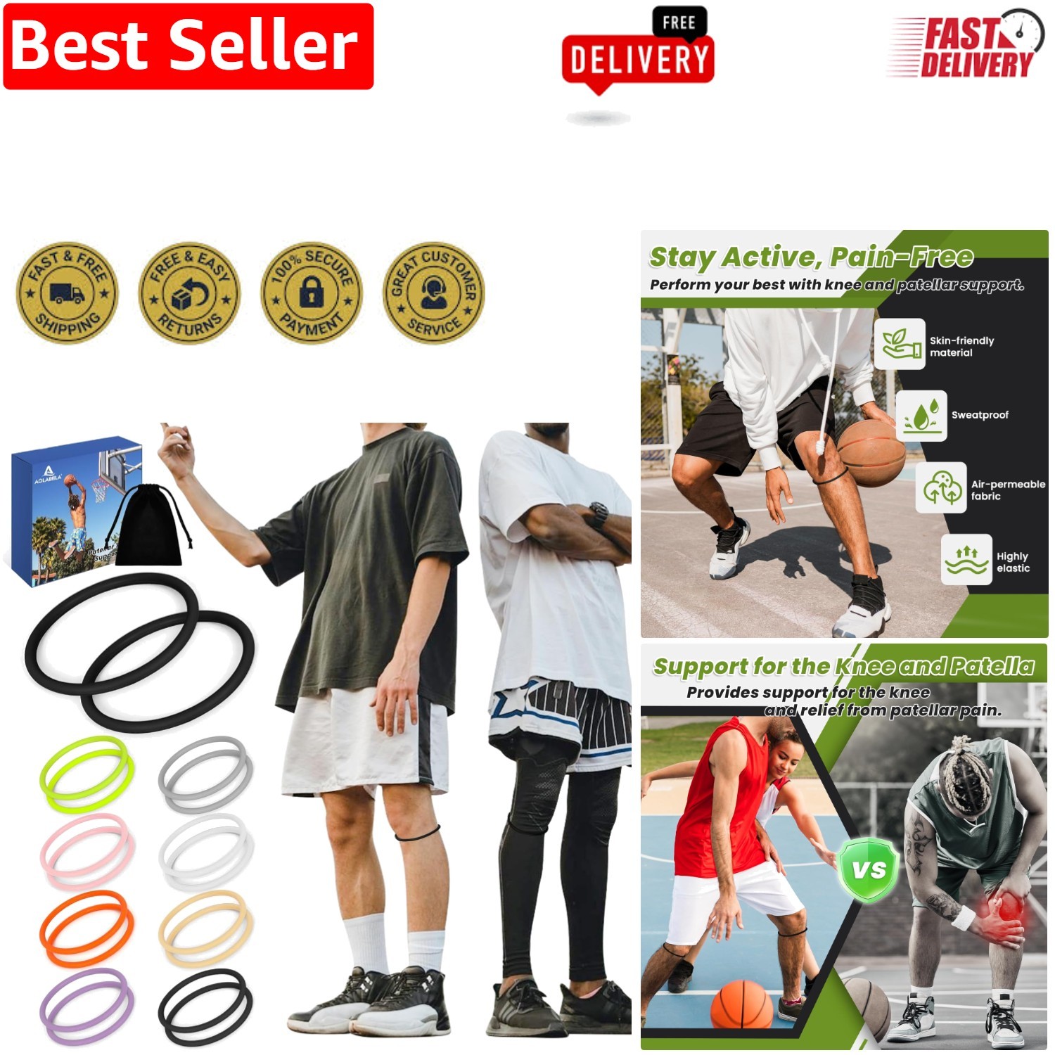 Knee Pain Relief 2PCS Patellar Tendon Straps for Basketball & Running – Black