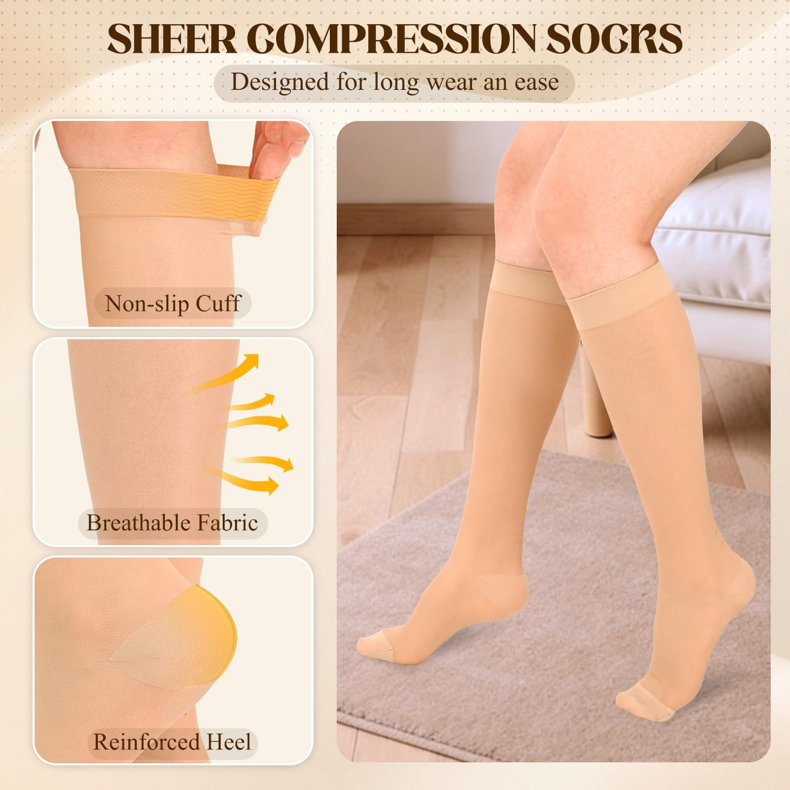 Wegitcs 15-20mmHg Sheer Compression Socks for Women, Medium, Closed Toe/Beige