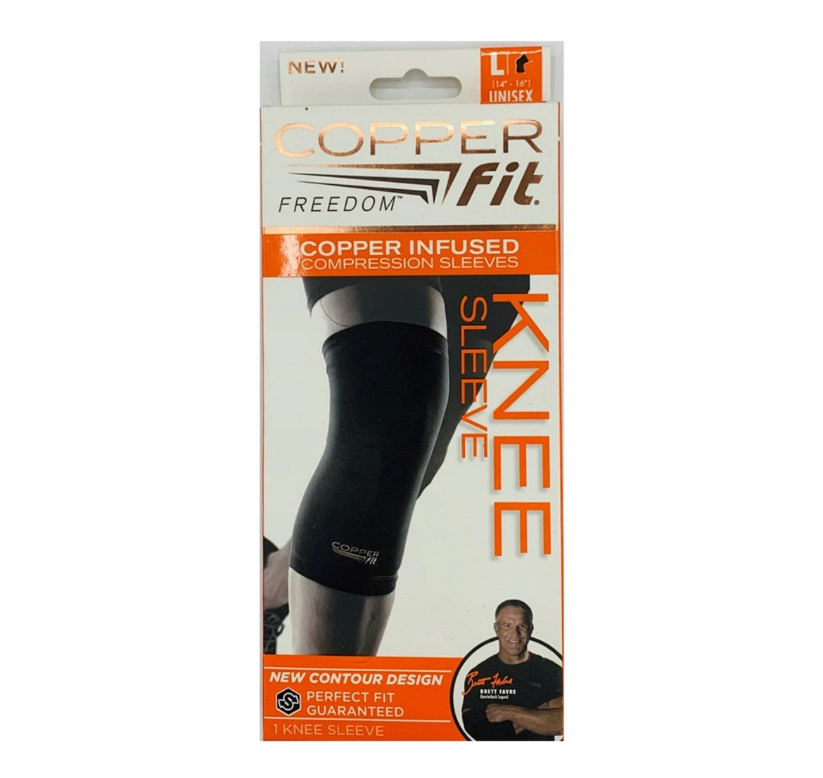 COPPER FIT sz large Compression Knee Sleeve UNISEX, 14″-16″, NEW Contour Design