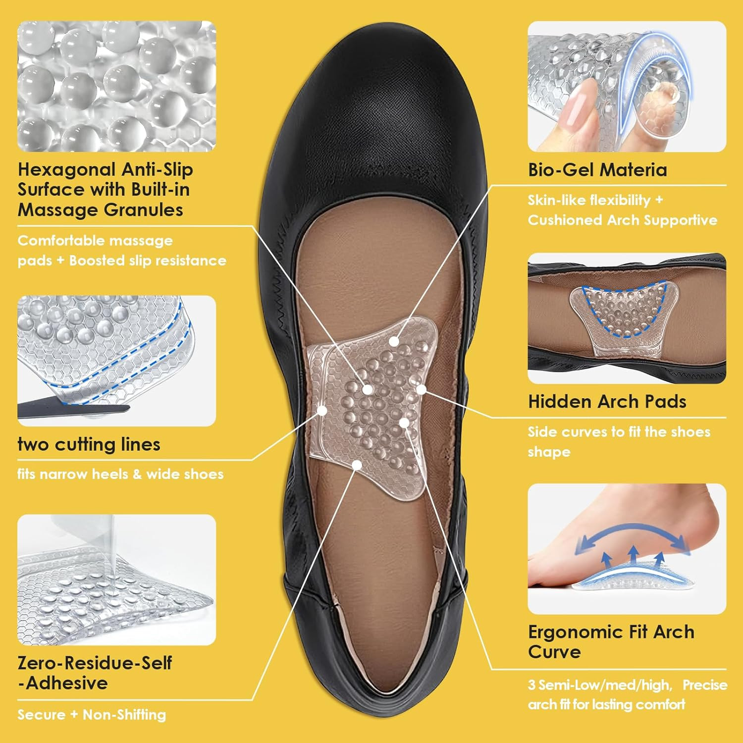 Arch Support Inserts Women, Customizable 3-Height System for Plantar Fasciitis,